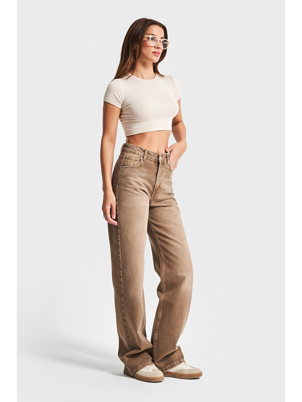 Kadın Taşlanmış Kahverengi 2s5-16 Straight Fit Yüksek Bel %100 Pamuk Denim Jean-1