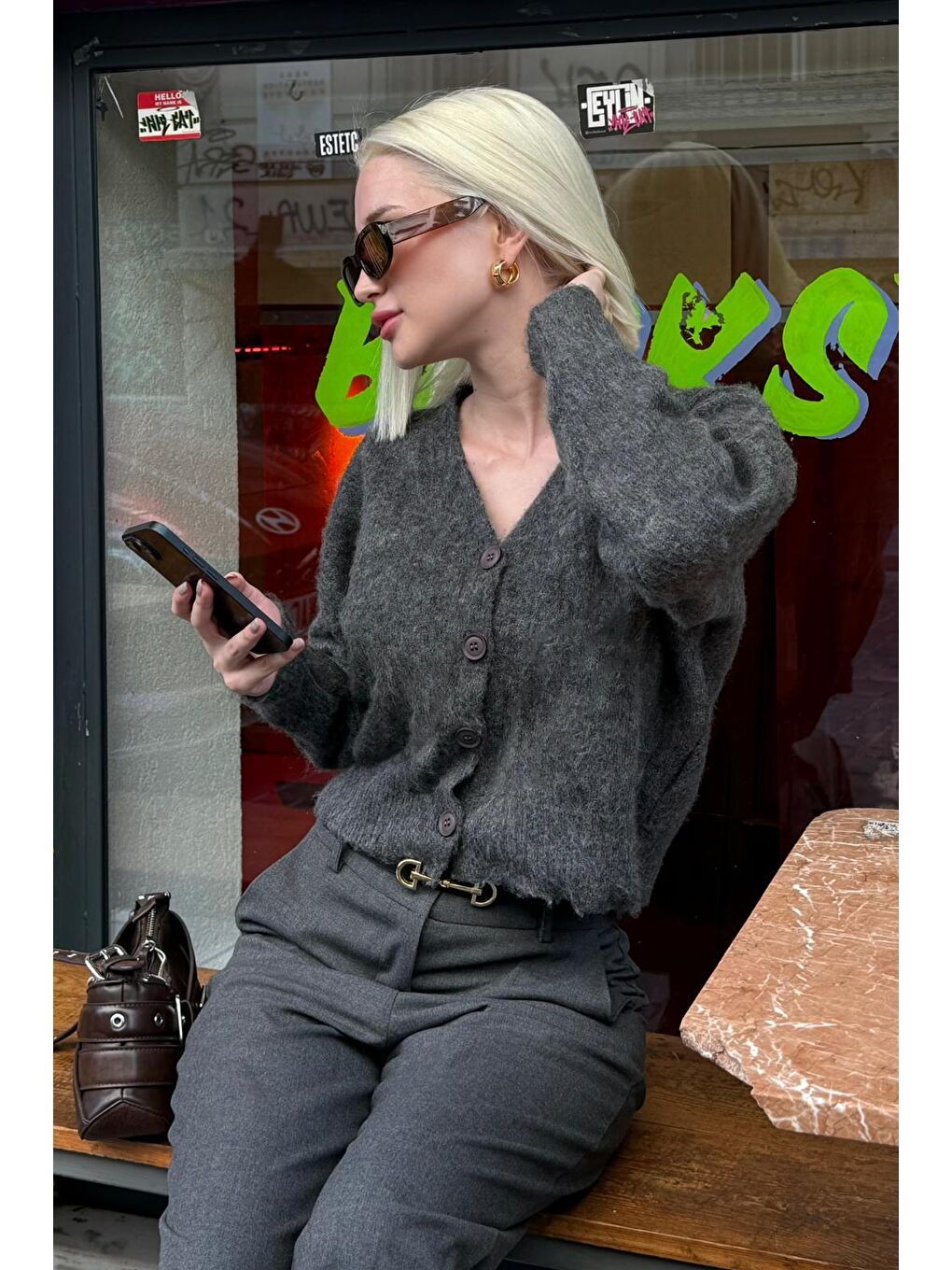 Antrasit V Yaka Kadın Triko Hırka Mg2462-4