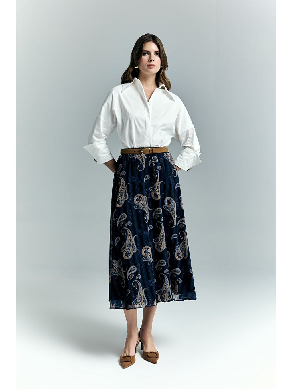 Şal Desen Şifon Etek - Lacivert-2
