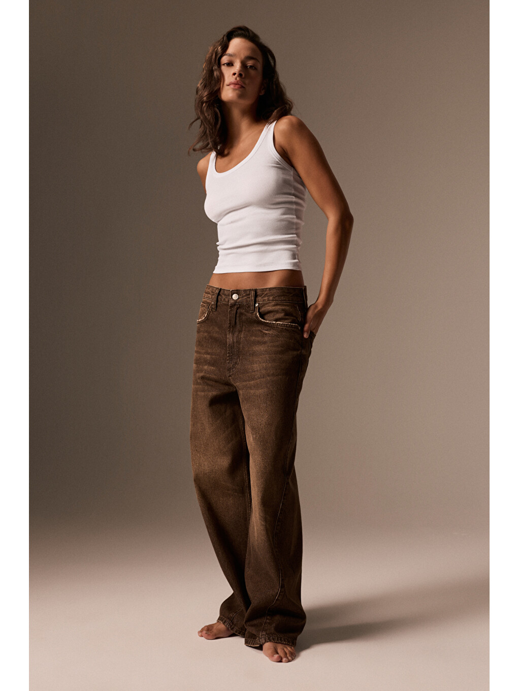 Lexy Kadın Standart Bel Baggy Balon Jean Kahverengi Pantolon-2