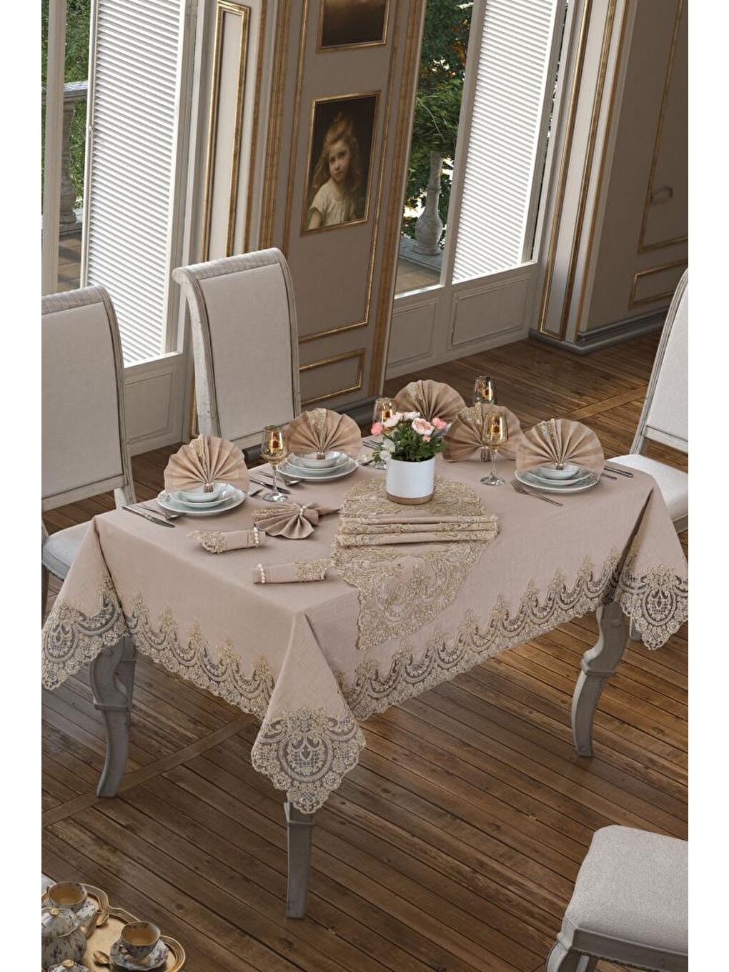 Kahverengi Lisa Masa Örtüsü Takımı 18 Parça Cappucino-5