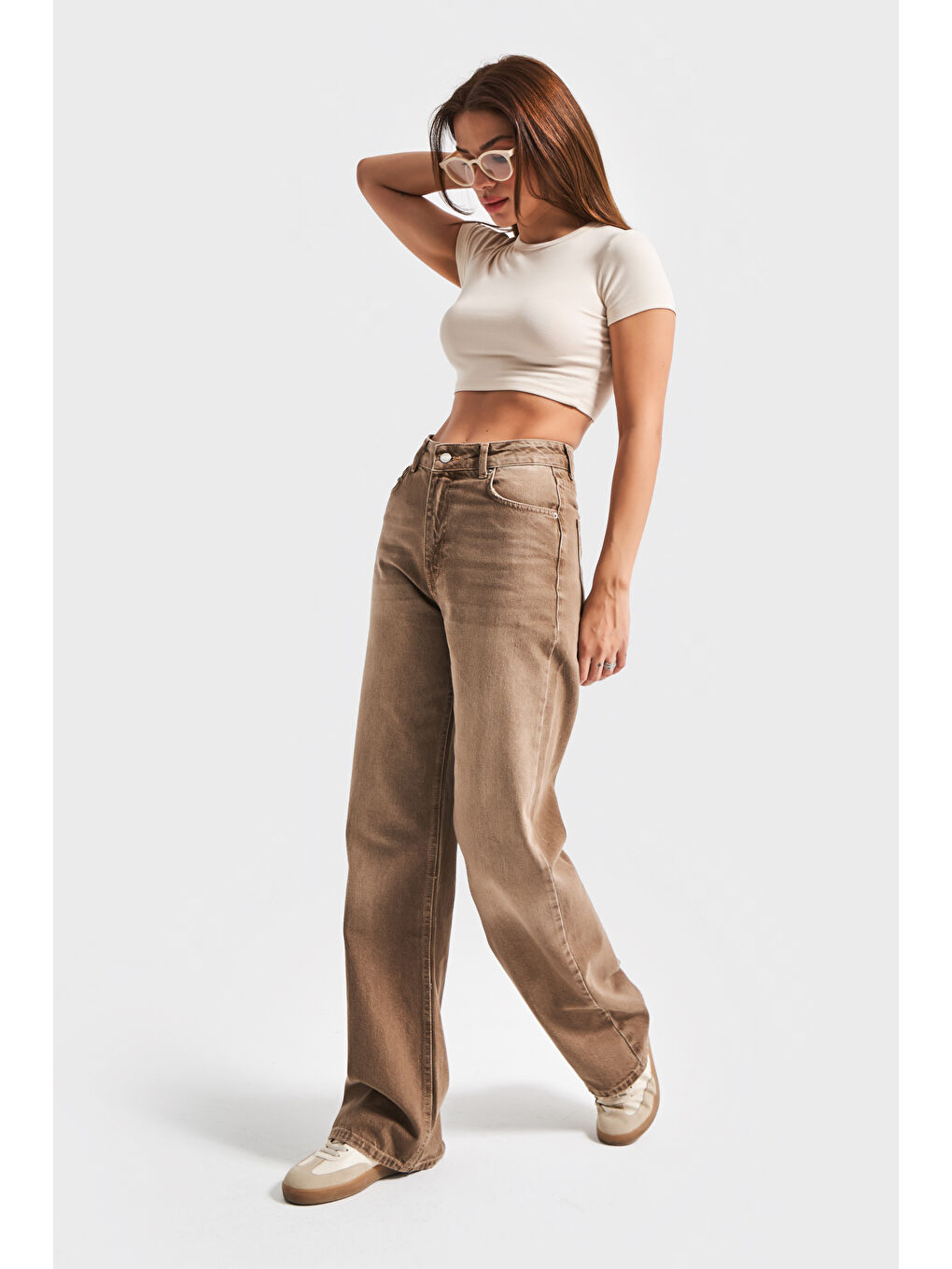 Kadın Taşlanmış Kahverengi 2s5-16 Straight Fit Yüksek Bel %100 Pamuk Denim Jean-3