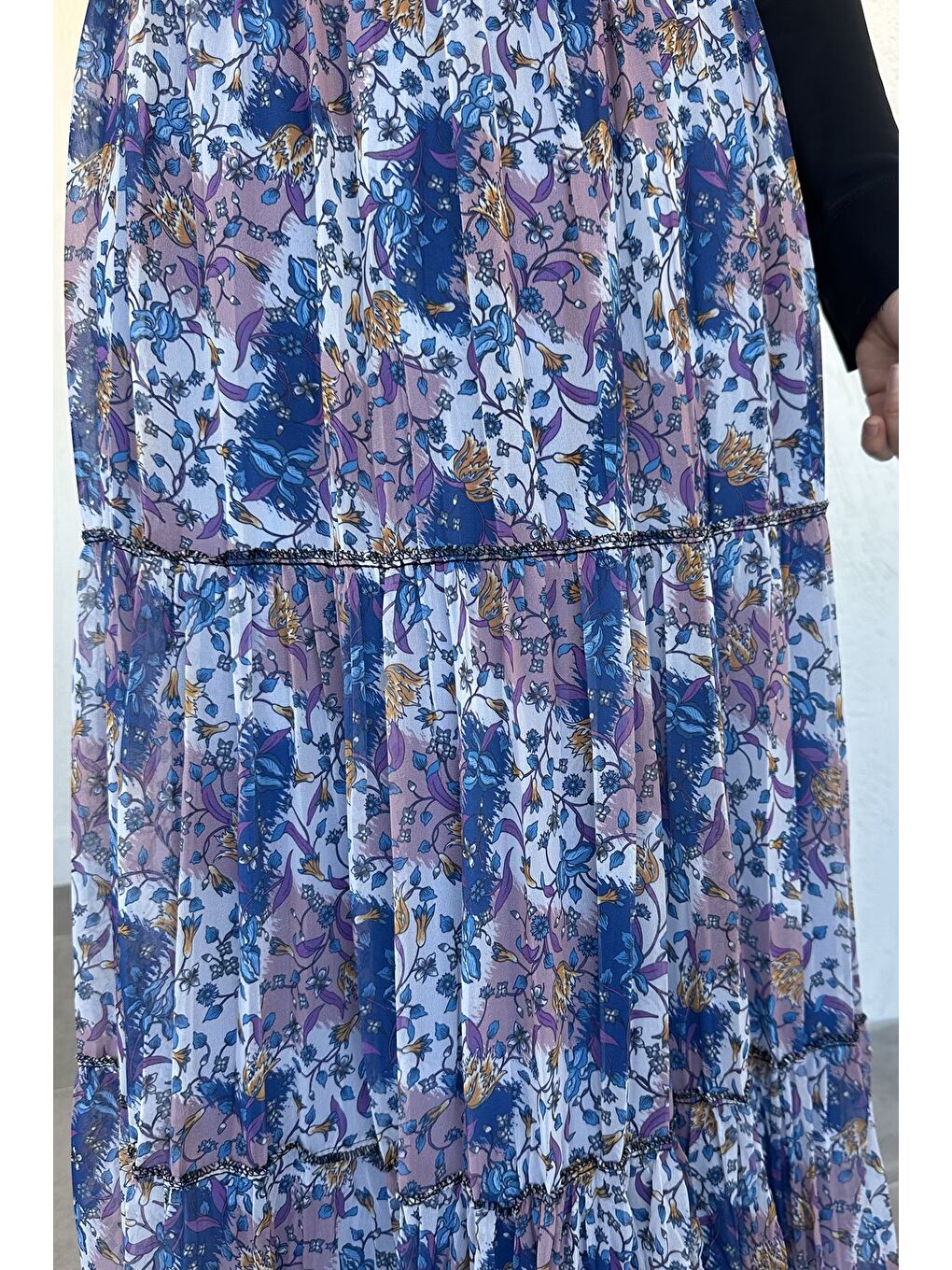 İndigo Bel Lastikli Desenli Şifon Tesettür Etek-6