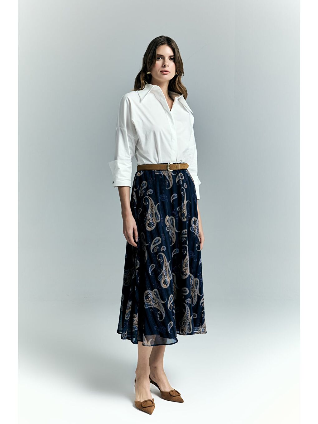 Şal Desen Şifon Etek - Lacivert-3