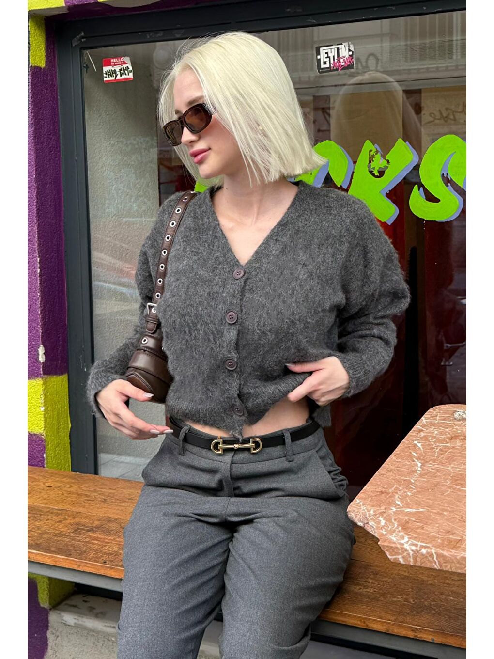 Antrasit V Yaka Kadın Triko Hırka Mg2462-6