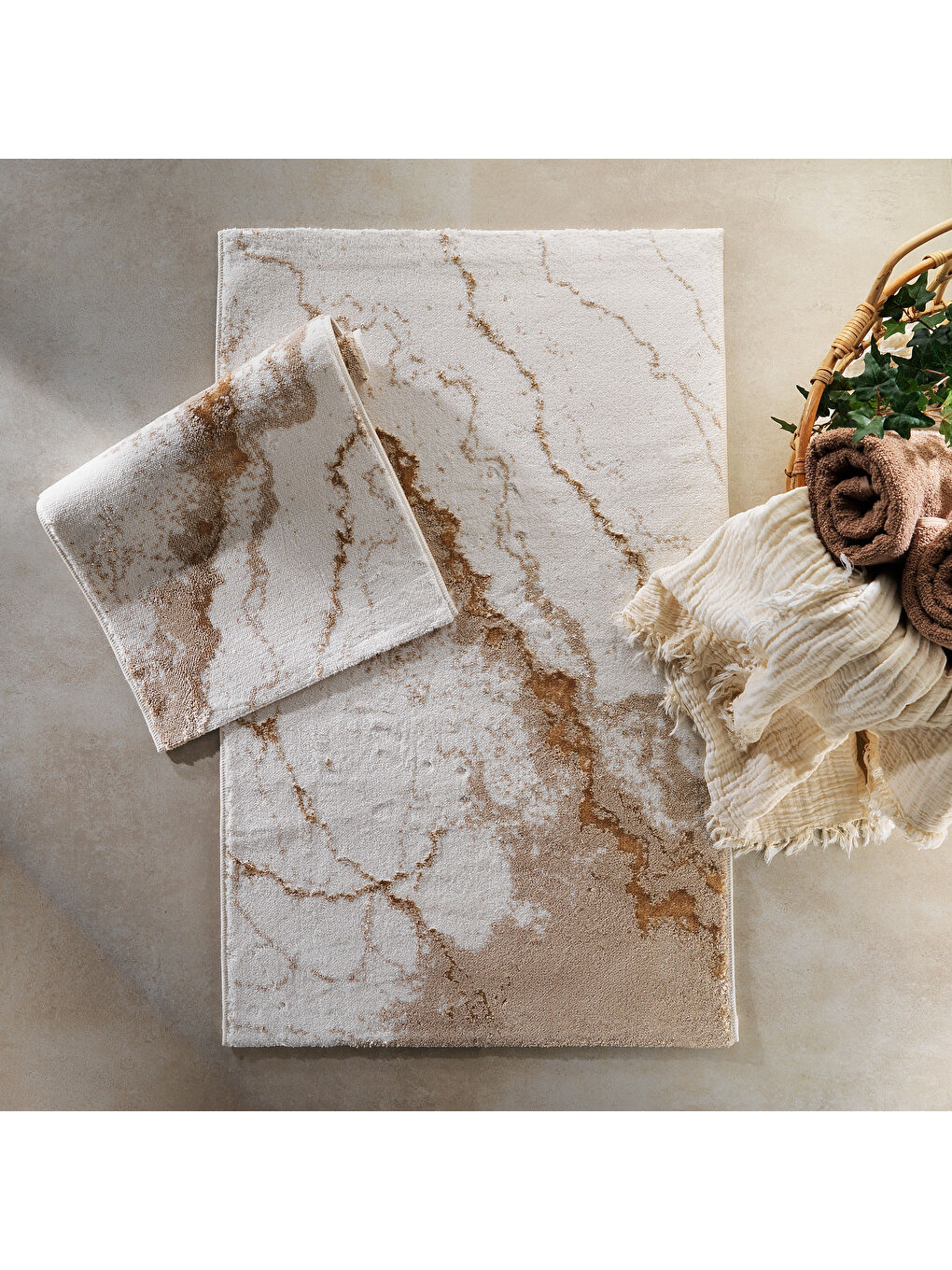 Kahverengi Home Retro 2’li Pamuk Floş Banyo Paspası 60x100 / 40x60 Cm - Gold