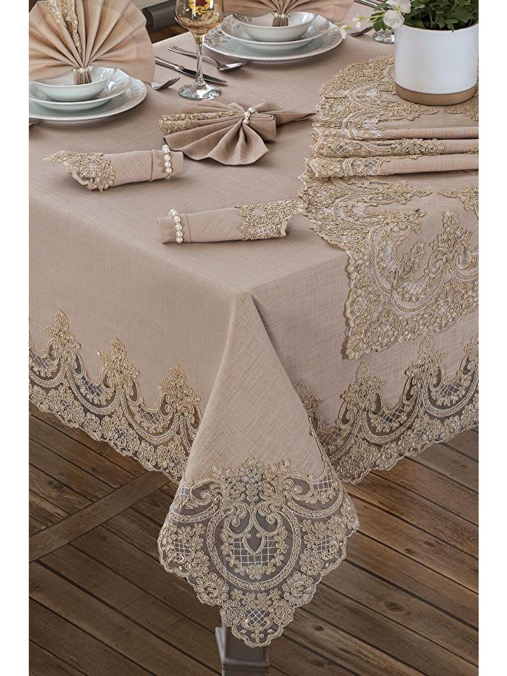 Kahverengi Lisa Masa Örtüsü Takımı 18 Parça Cappucino-6