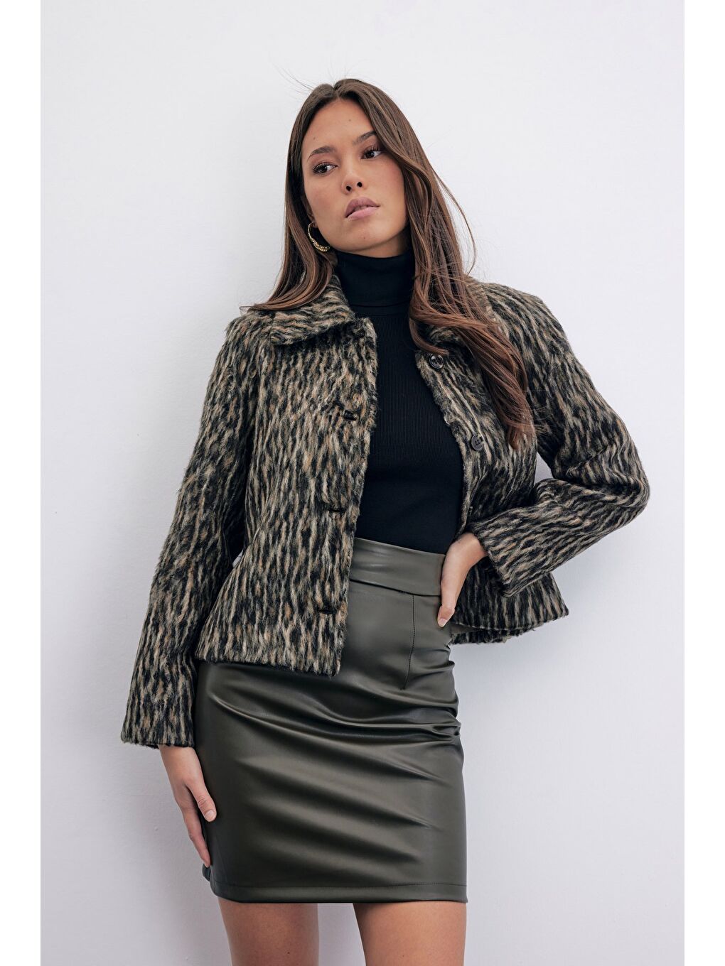 Şardonlu Deri Etek - Haki