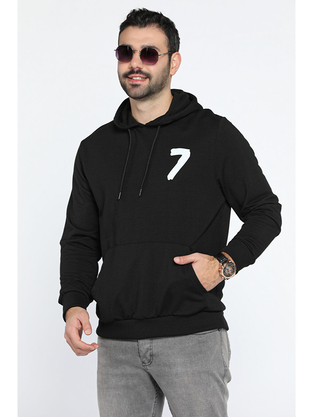 Mishar İtalia Siyah Erkek Kapüşonlu Baskılı Kanguru Cepli Sweatshirt