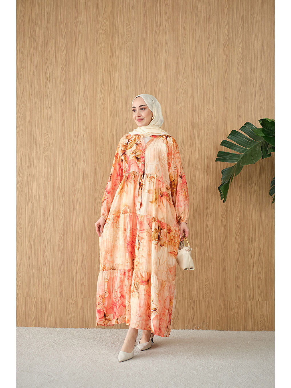 Pembe Kadın Soft Çiçek Desen Elbise Somon-1