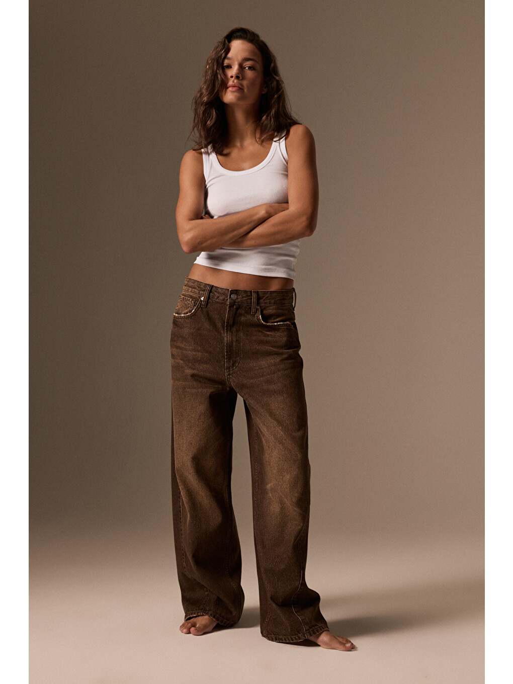 Lexy Kadın Standart Bel Baggy Balon Jean Kahverengi Pantolon-3