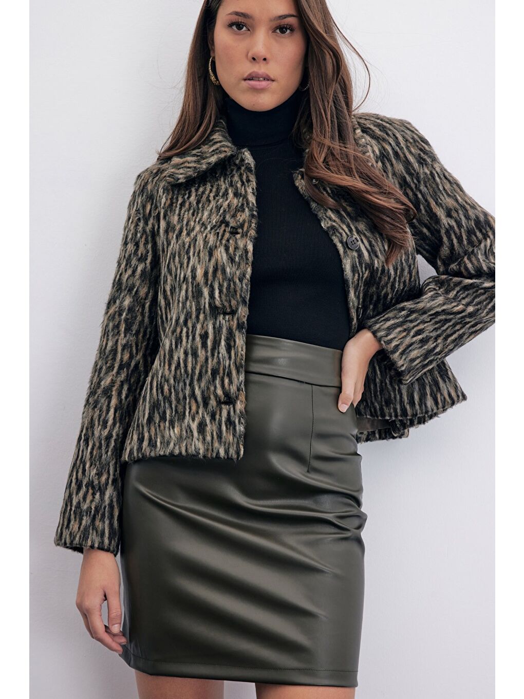 Şardonlu Deri Etek - Haki-2