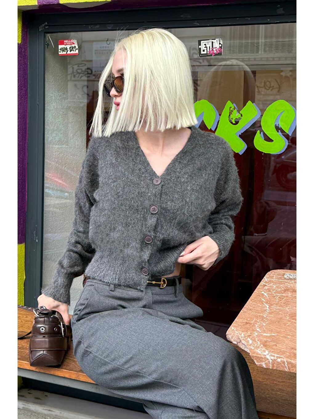 Antrasit V Yaka Kadın Triko Hırka Mg2462-7