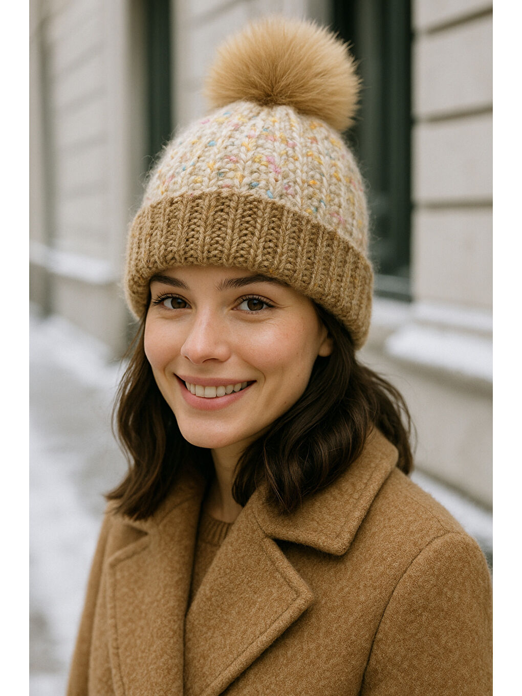 Kahverengi Kadın Camel Ponponlu Yünlü Bere BERE1142-2