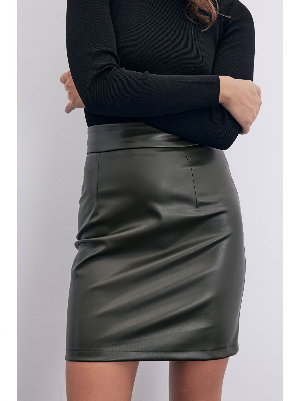 Şardonlu Deri Etek - Haki-3