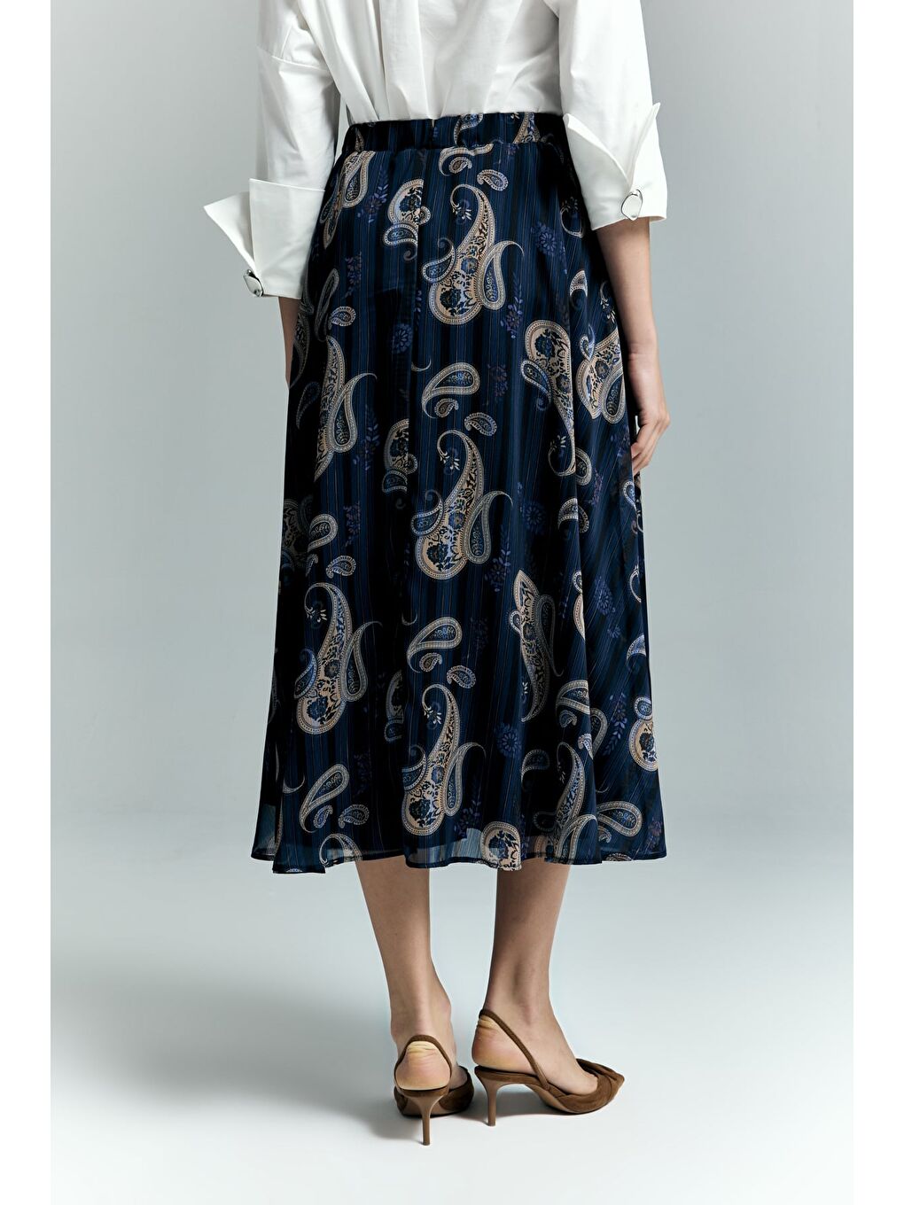 Şal Desen Şifon Etek - Lacivert-5
