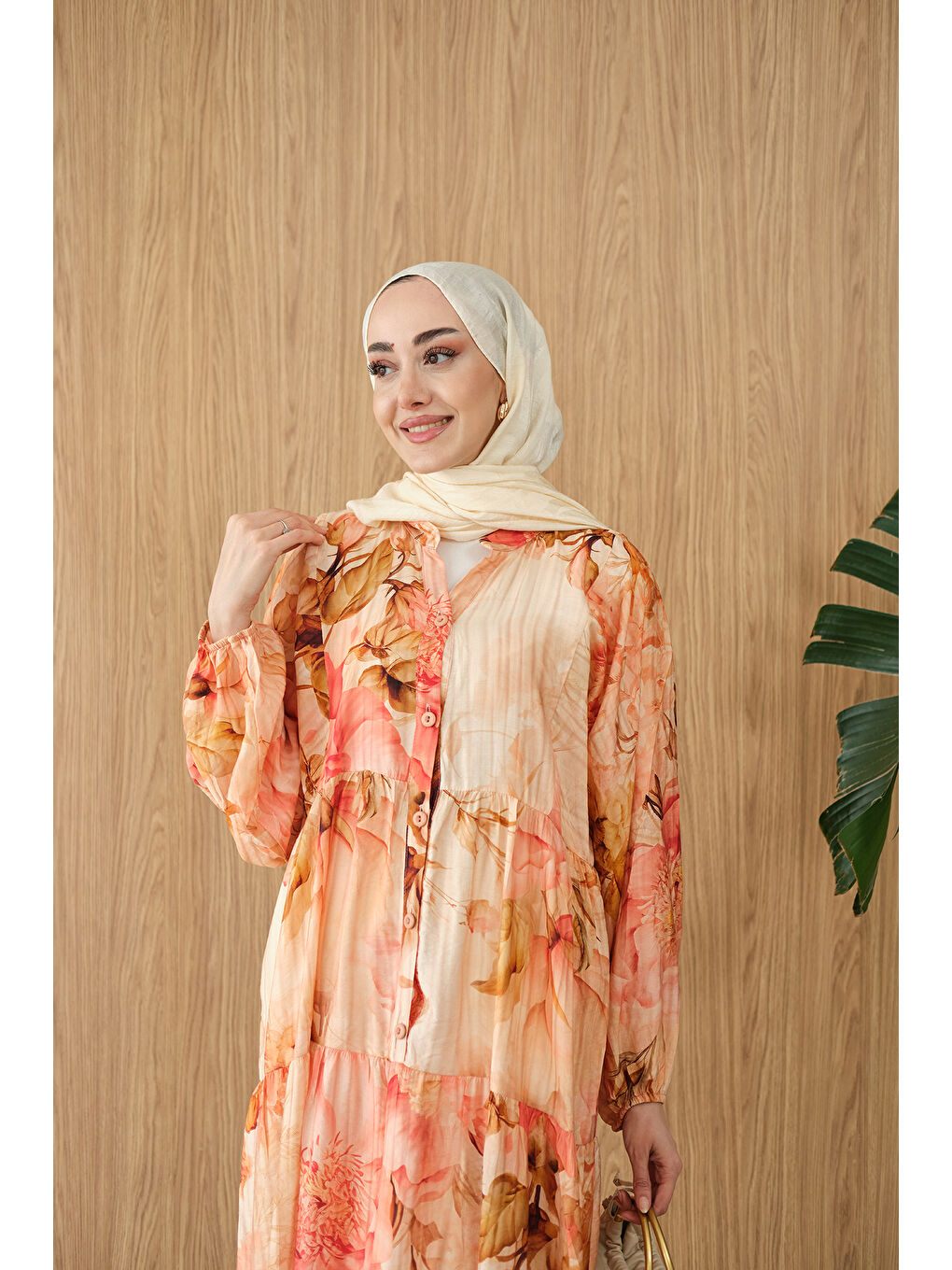 Pembe Kadın Soft Çiçek Desen Elbise Somon-2