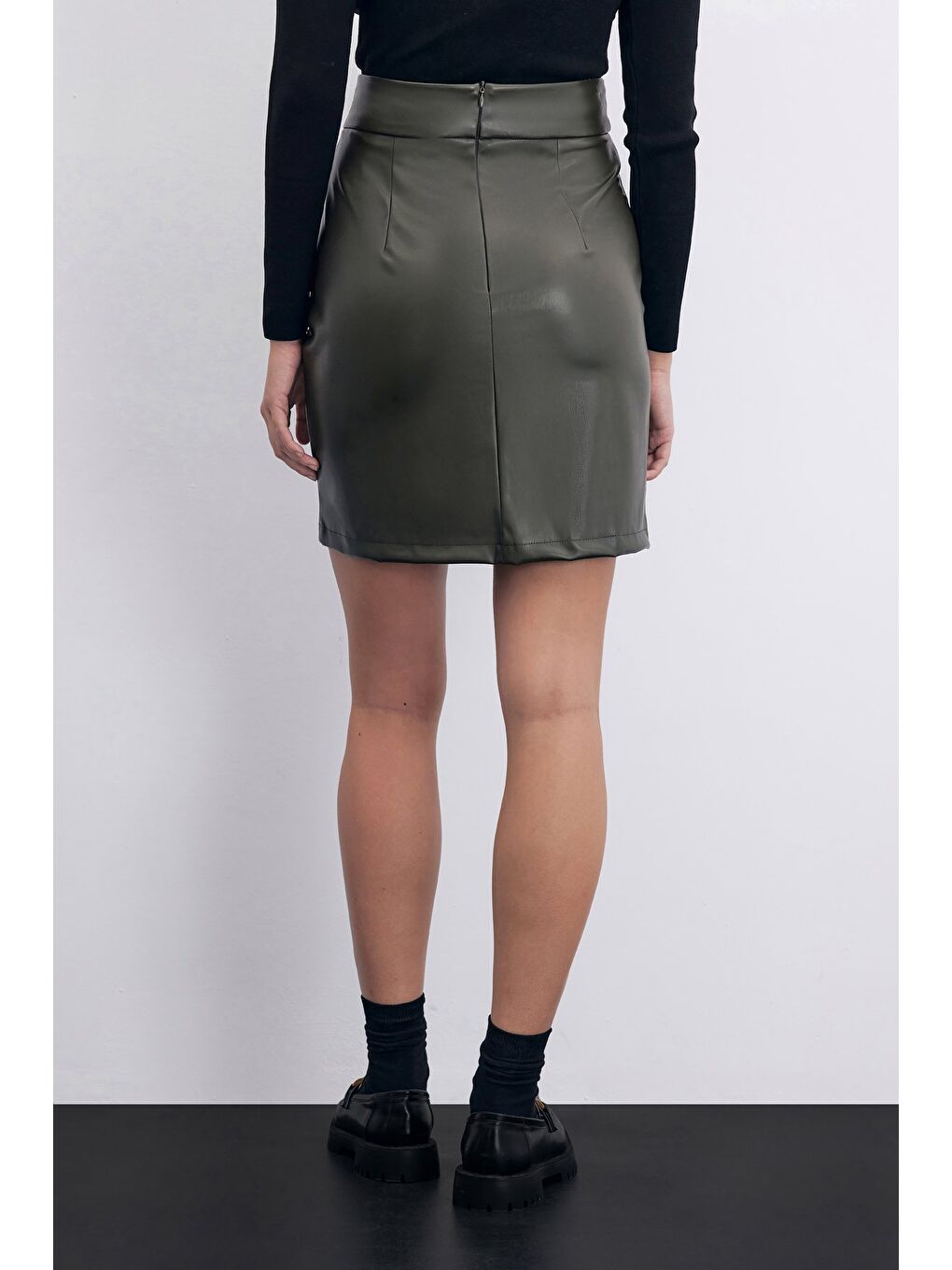Şardonlu Deri Etek - Haki-4