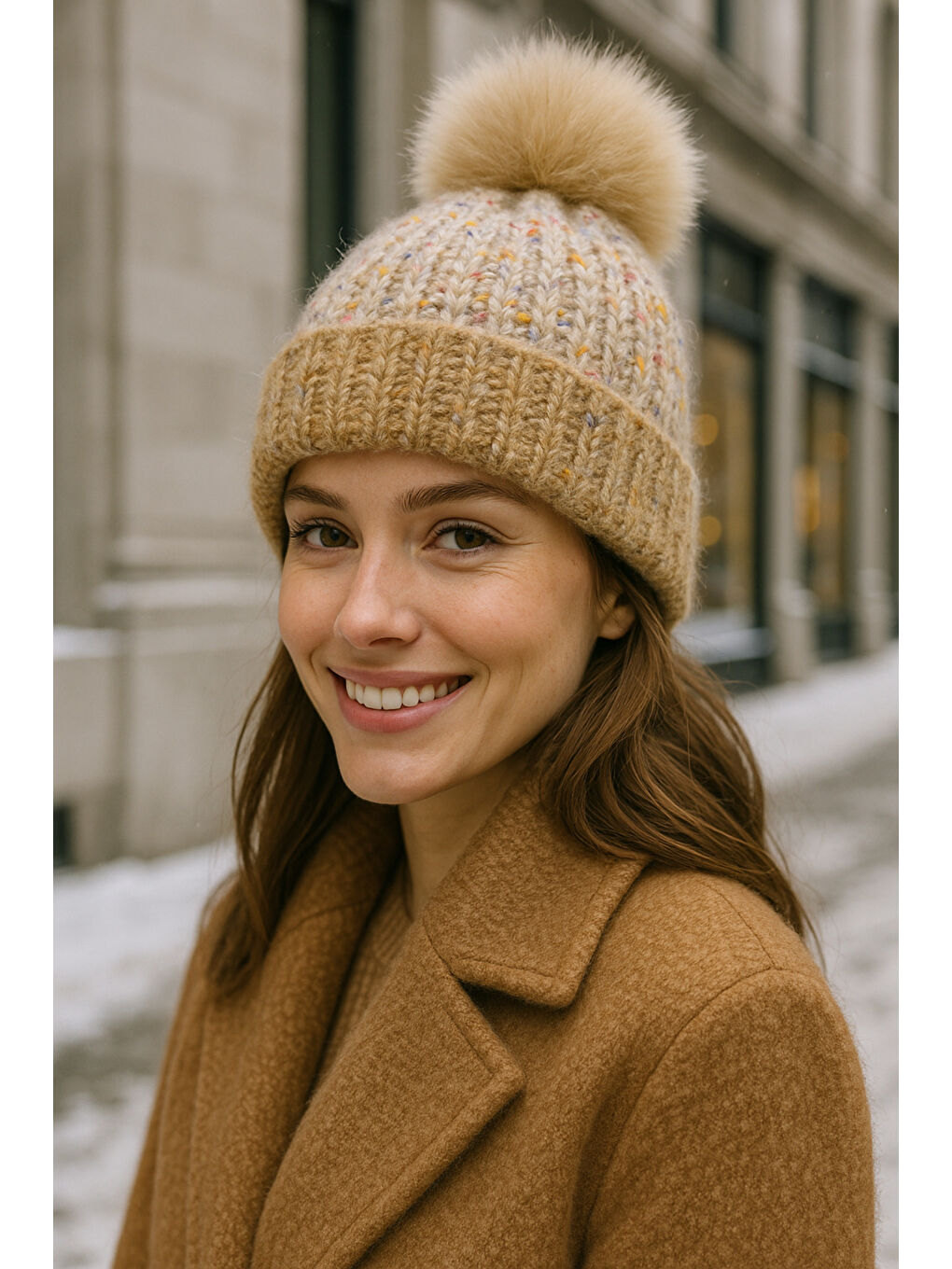 Kahverengi Kadın Camel Ponponlu Yünlü Bere BERE1142-3