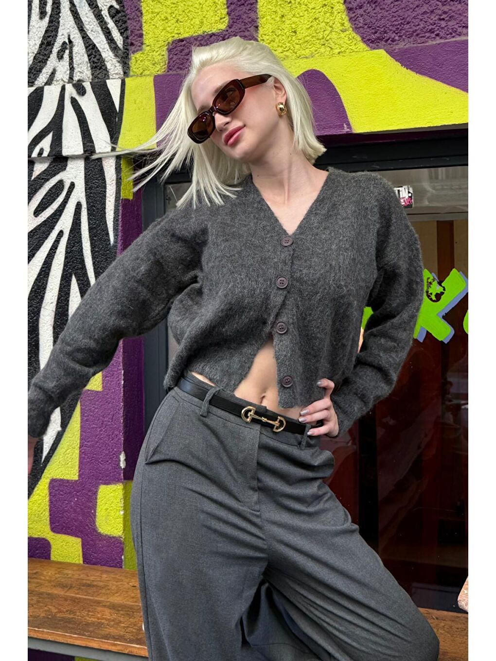 Antrasit V Yaka Kadın Triko Hırka Mg2462-8