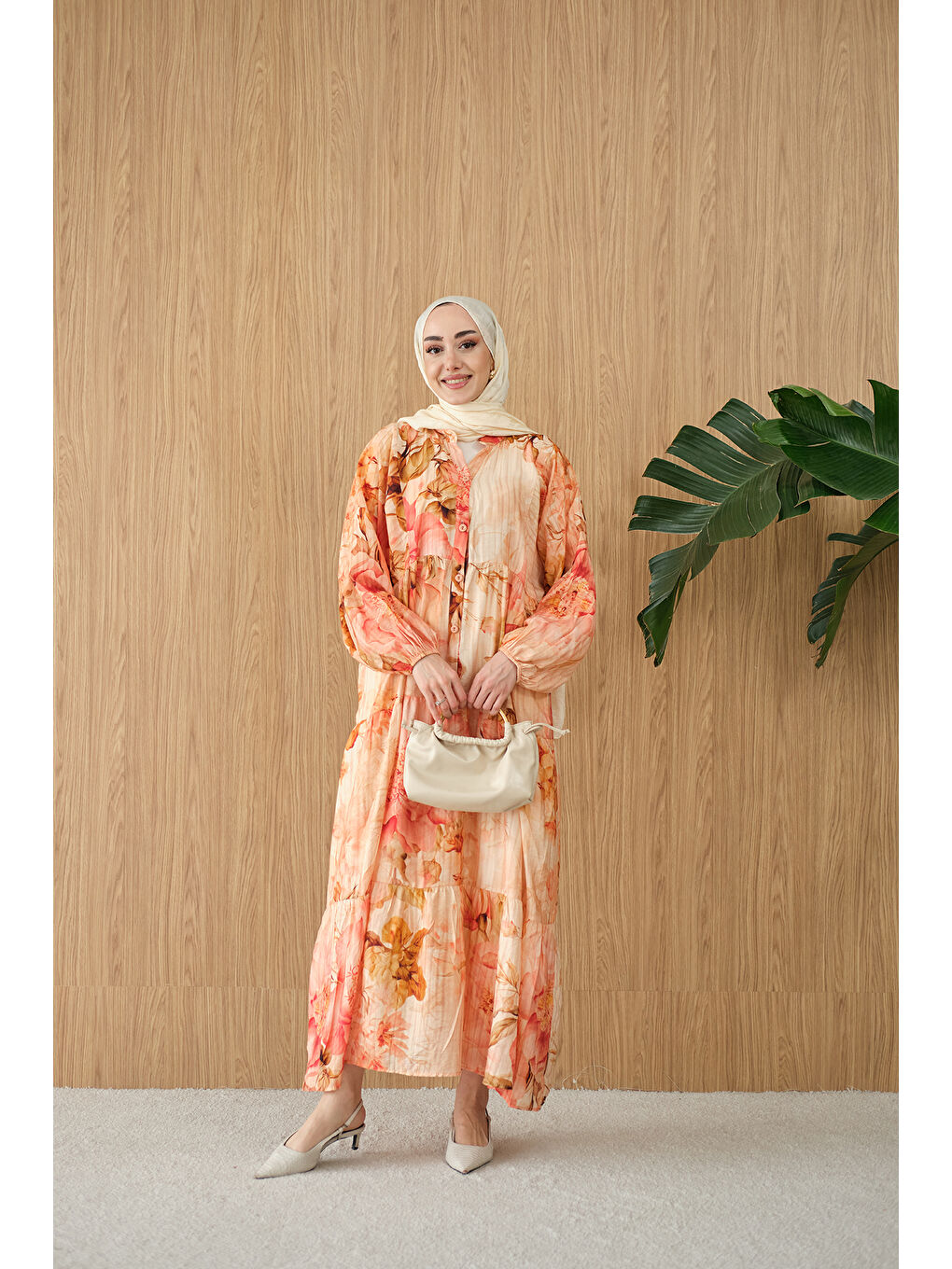 Pembe Kadın Soft Çiçek Desen Elbise Somon-3