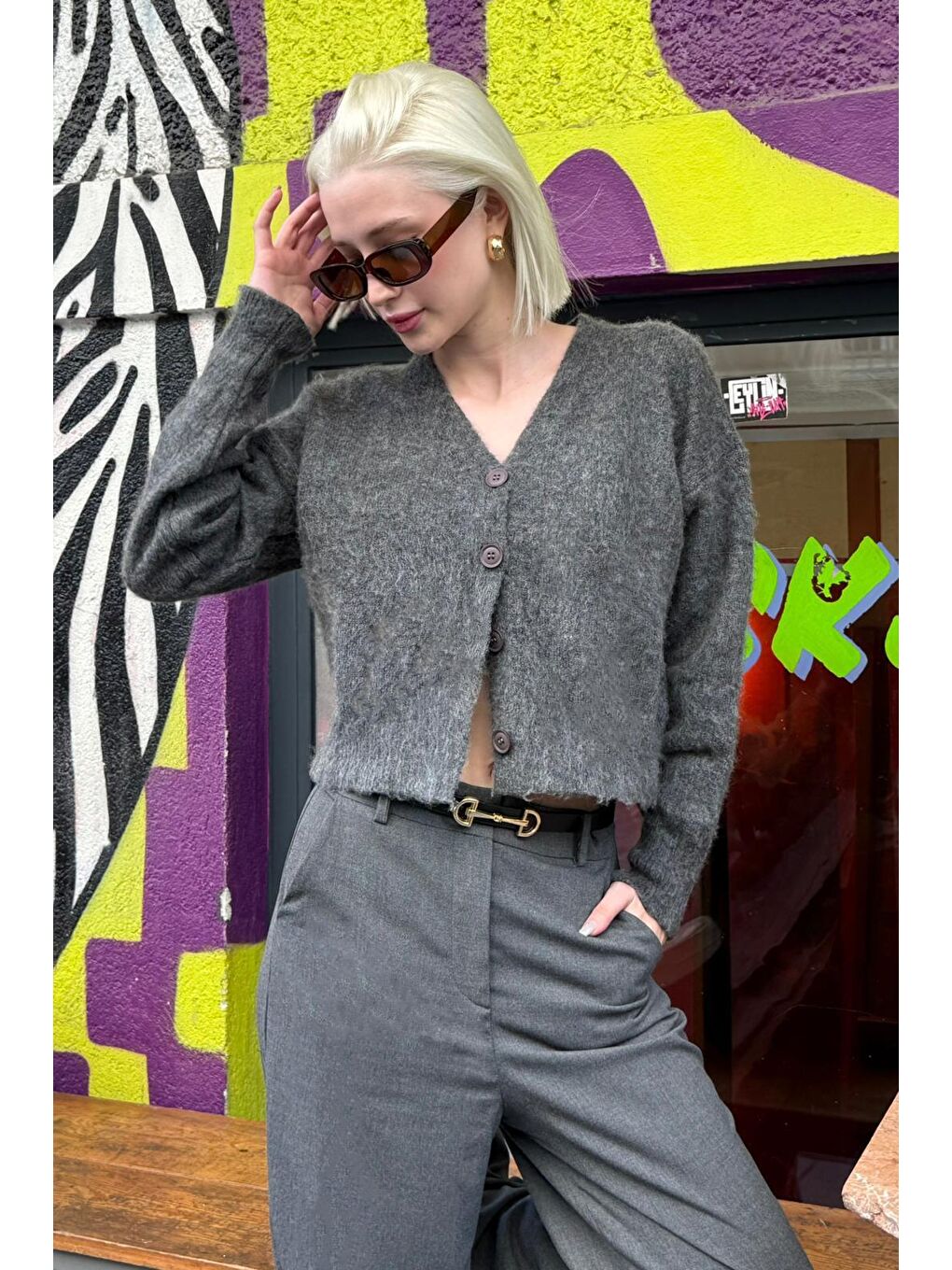 Antrasit V Yaka Kadın Triko Hırka Mg2462-9