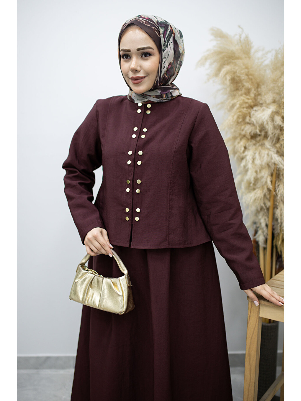 Gold Çıtçıtlı Etekli Takım TSD260156 Bordo-1