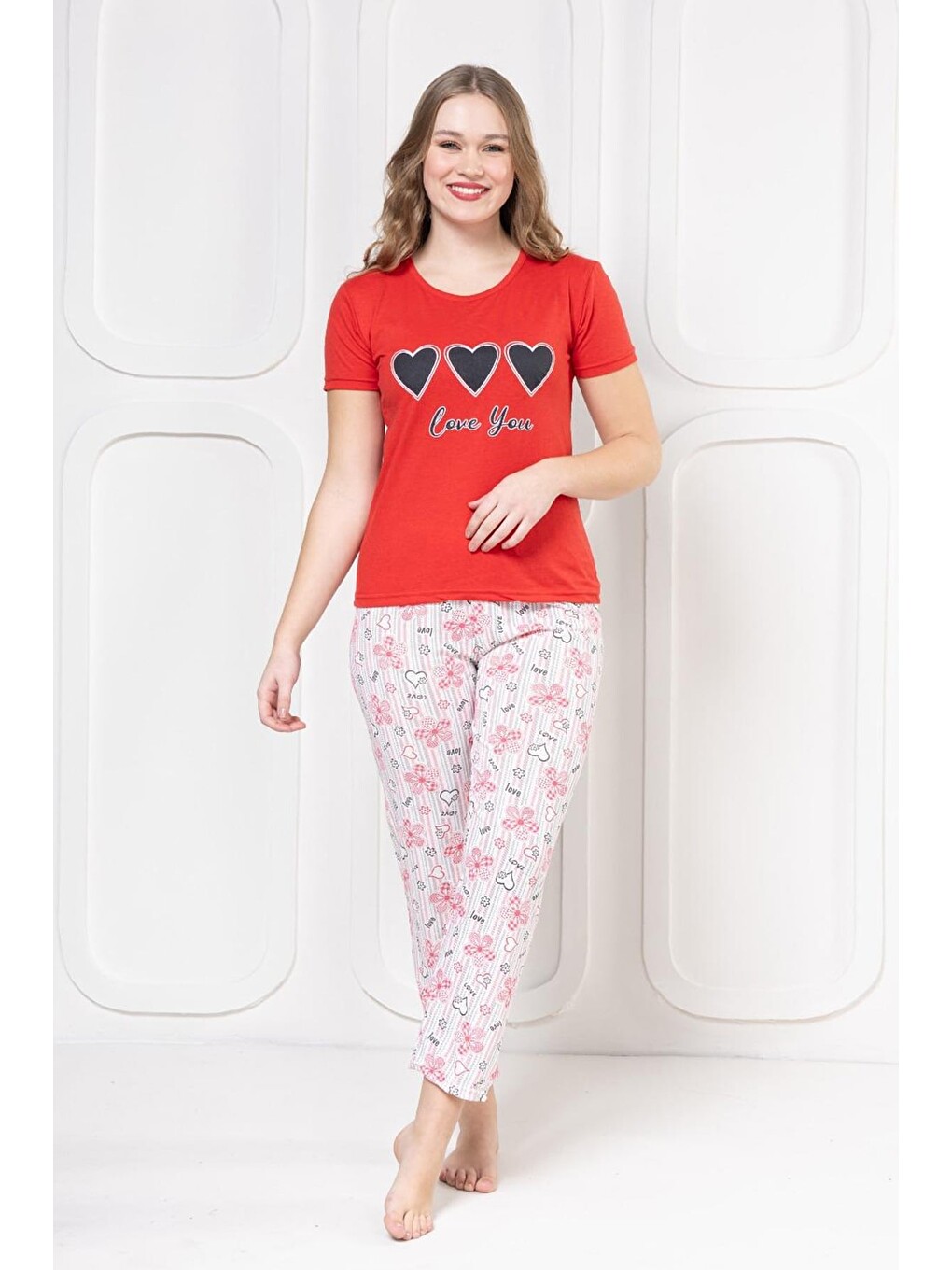 Kırmızı Heart Baskılı Kısa Kollu Pijama Takımı-1