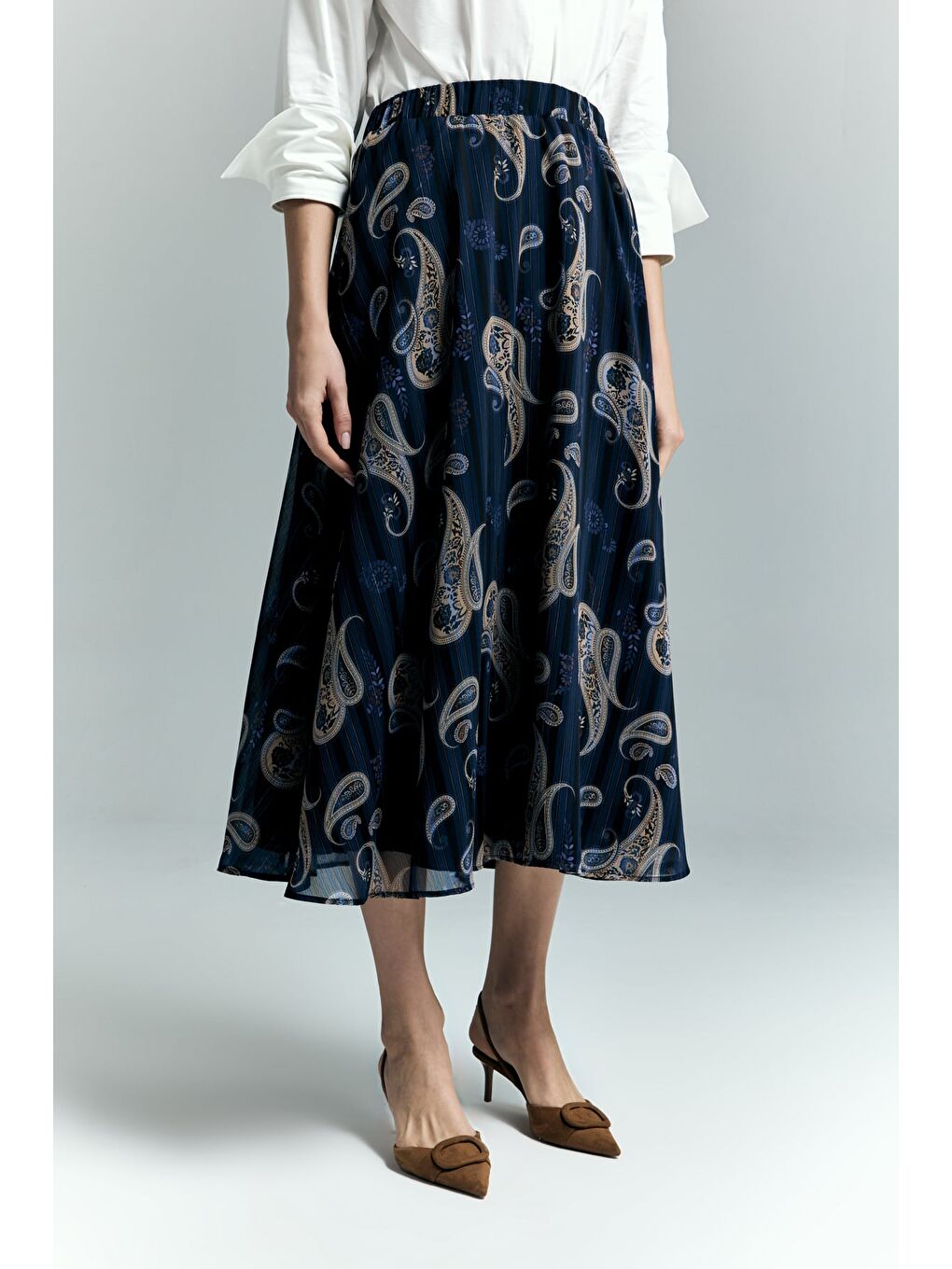 Şal Desen Şifon Etek - Lacivert-7