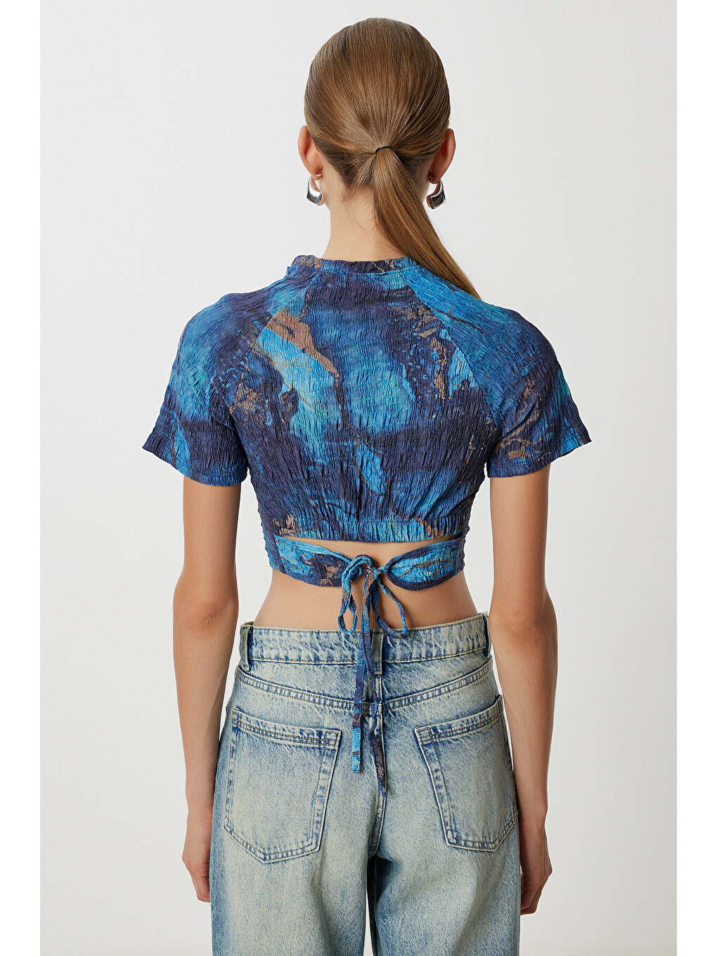 Lacivert Desenli Crop Krinkıl Bluz LACİVERT LAN0048-4