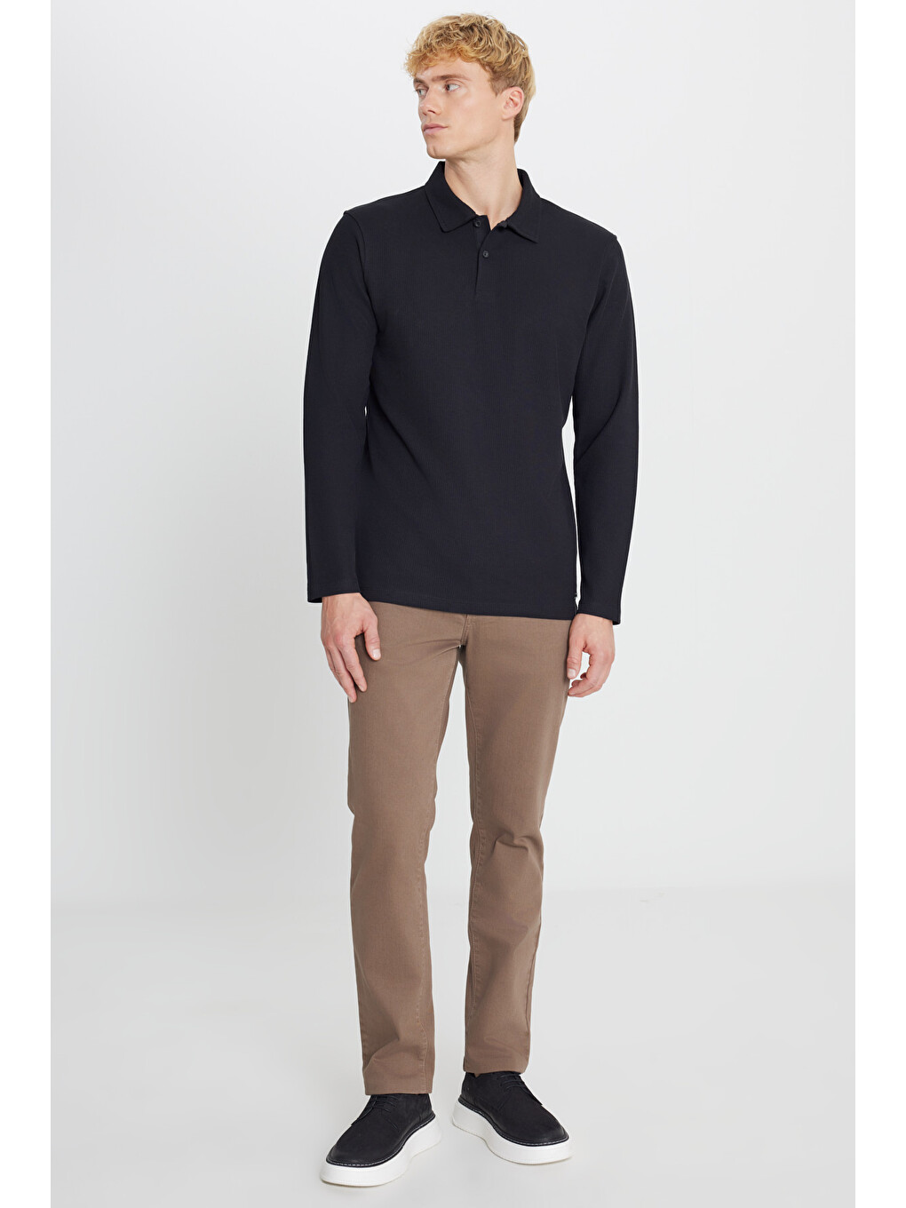 Erkek Siyah %100 Pamuk Slim Fit Dar Kesim Polo Yaka Jakarlı Tişört-1