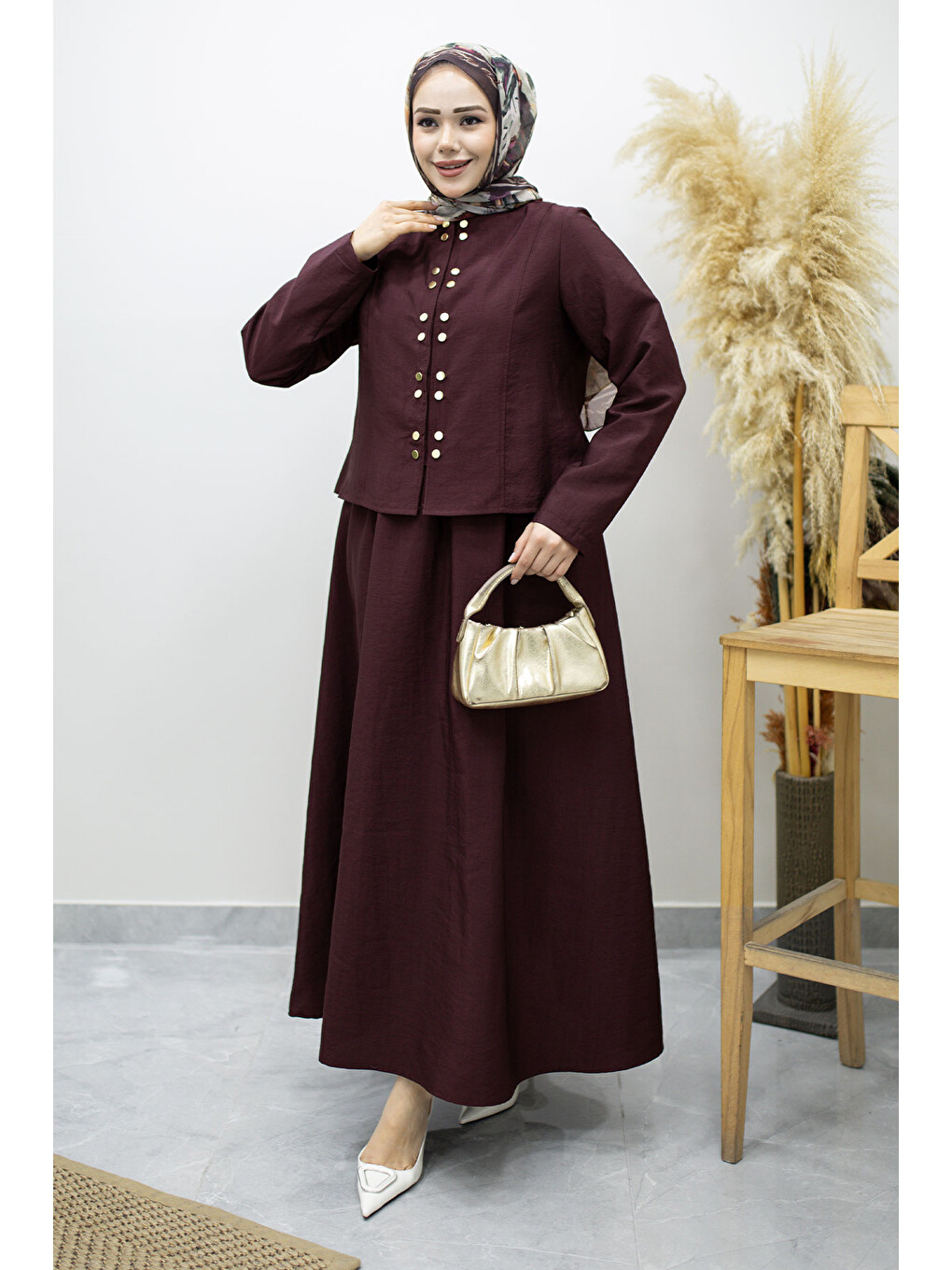 Gold Çıtçıtlı Etekli Takım TSD260156 Bordo-4