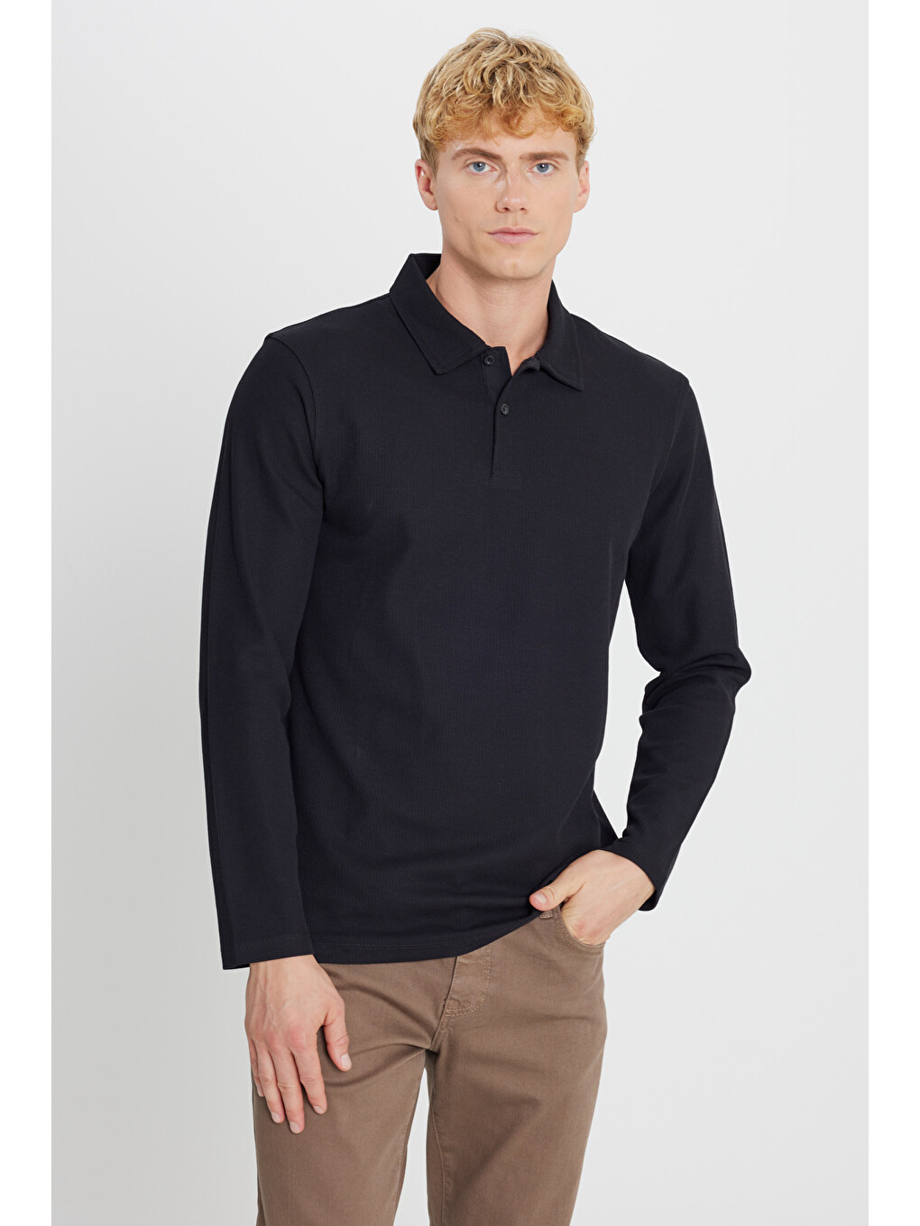 Erkek Siyah %100 Pamuk Slim Fit Dar Kesim Polo Yaka Jakarlı Tişört-2