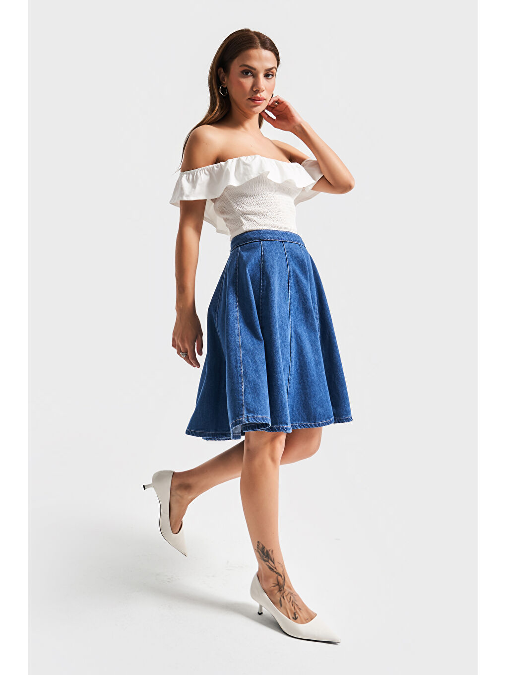 Kadın Mavi Renk 1s5-5 Volanlı Midi Boy %100 Pamuk Denim Etek