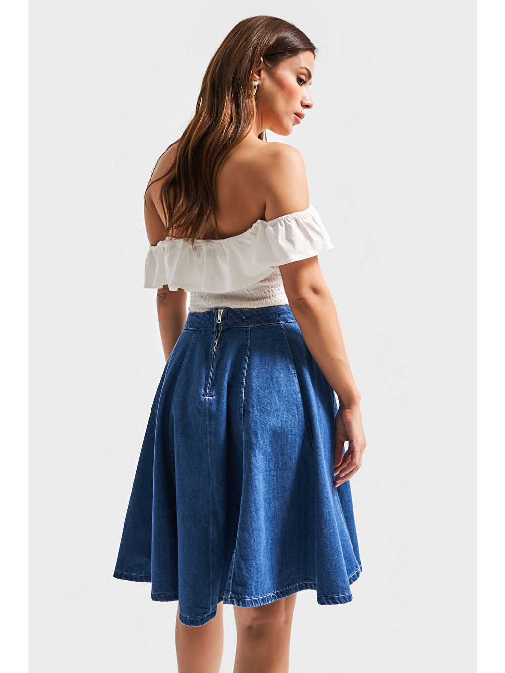 Kadın Mavi Renk 1s5-5 Volanlı Midi Boy %100 Pamuk Denim Etek-1