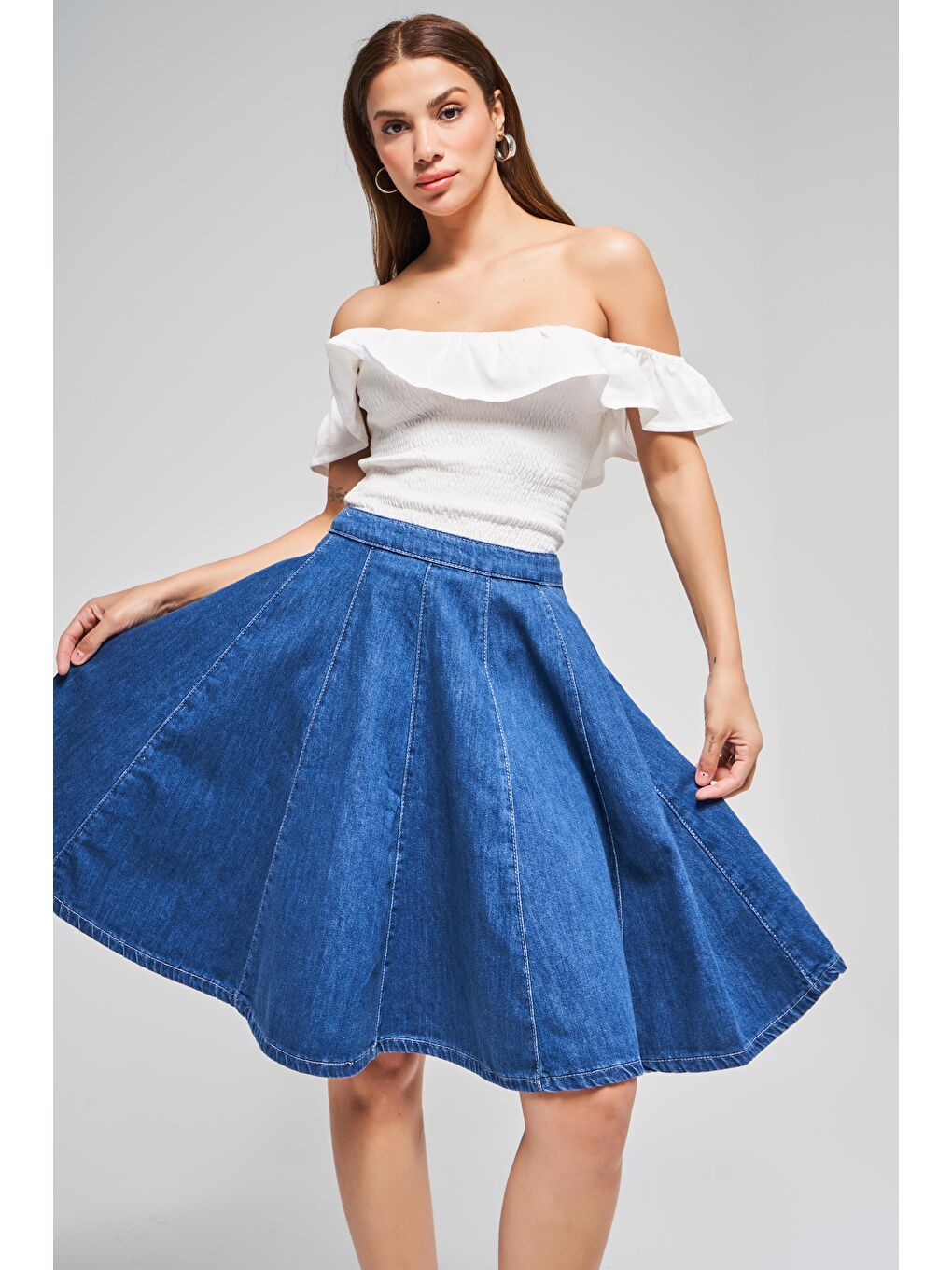 Kadın Mavi Renk 1s5-5 Volanlı Midi Boy %100 Pamuk Denim Etek-2