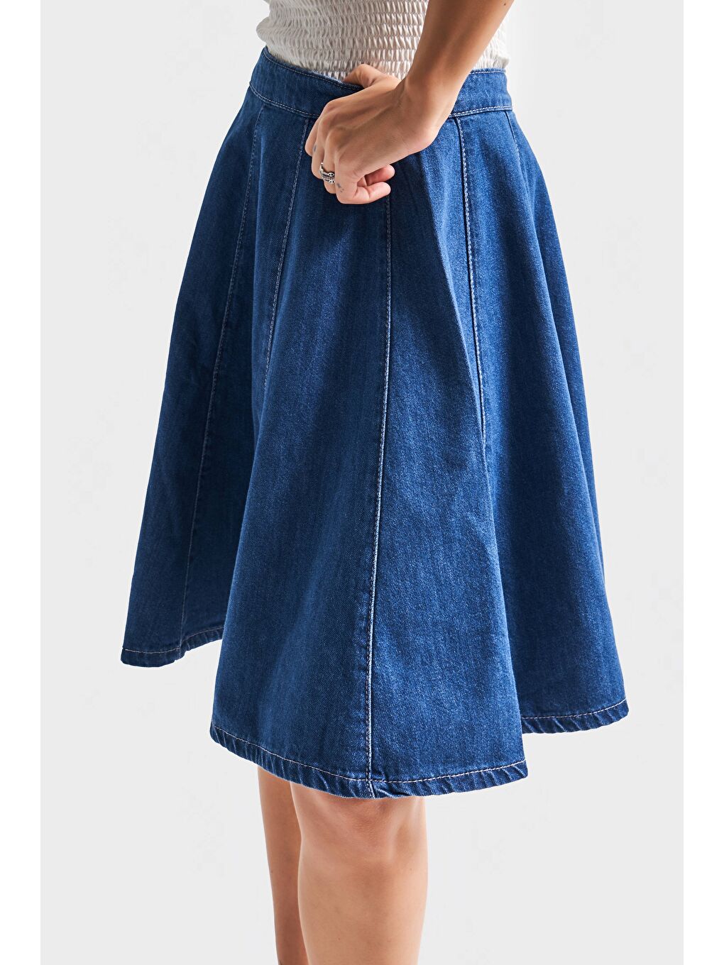 Kadın Mavi Renk 1s5-5 Volanlı Midi Boy %100 Pamuk Denim Etek-3