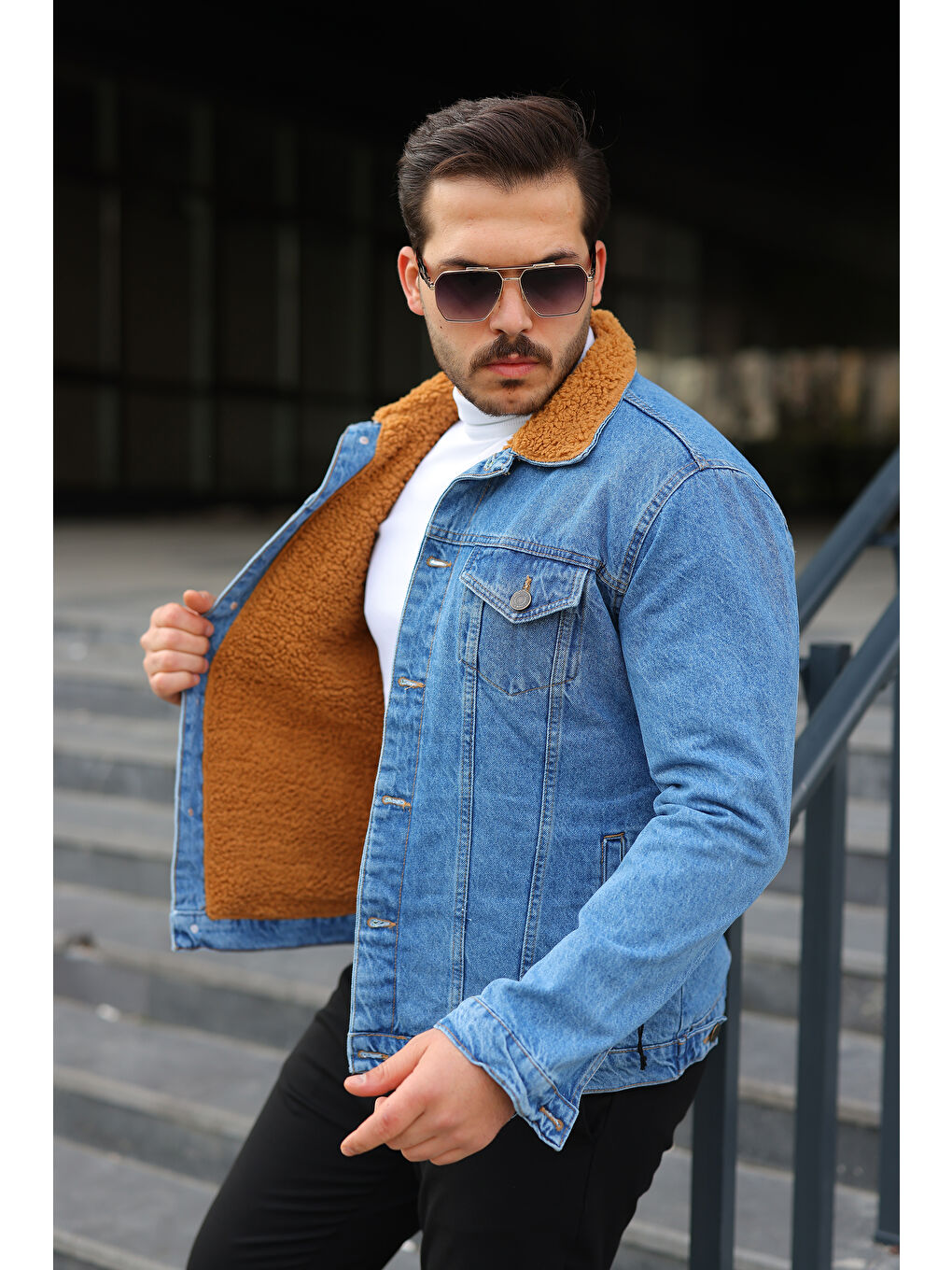 Sarı Erkek Trend Kışlık Içi Kürklü Jean Ceket