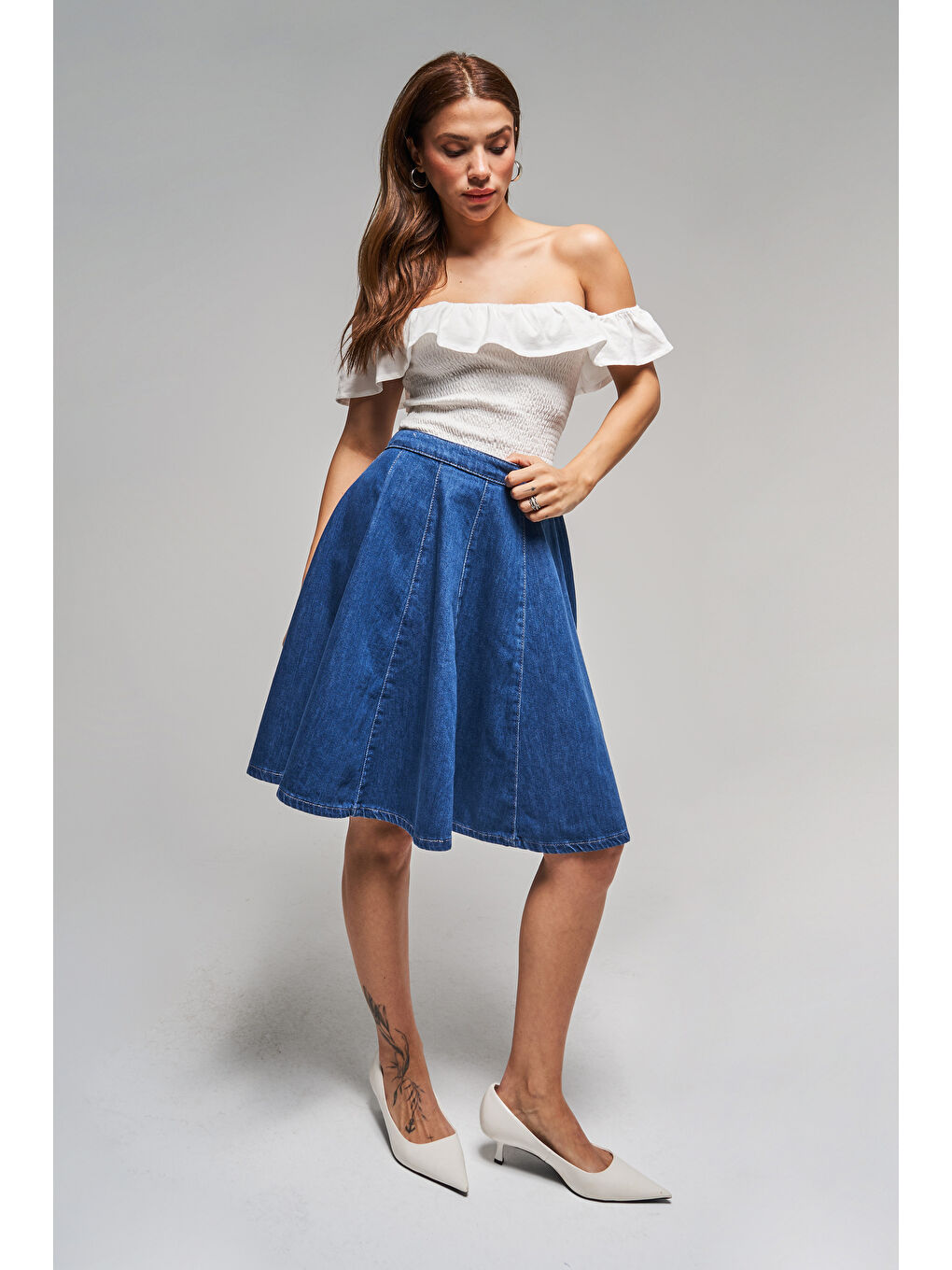 Kadın Mavi Renk 1s5-5 Volanlı Midi Boy %100 Pamuk Denim Etek-4