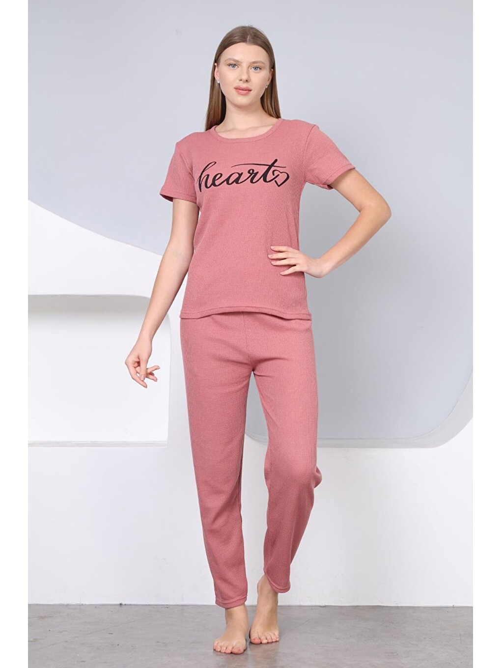 Pembe Heart Baskılı Kısa Kollu Pijama Takımı