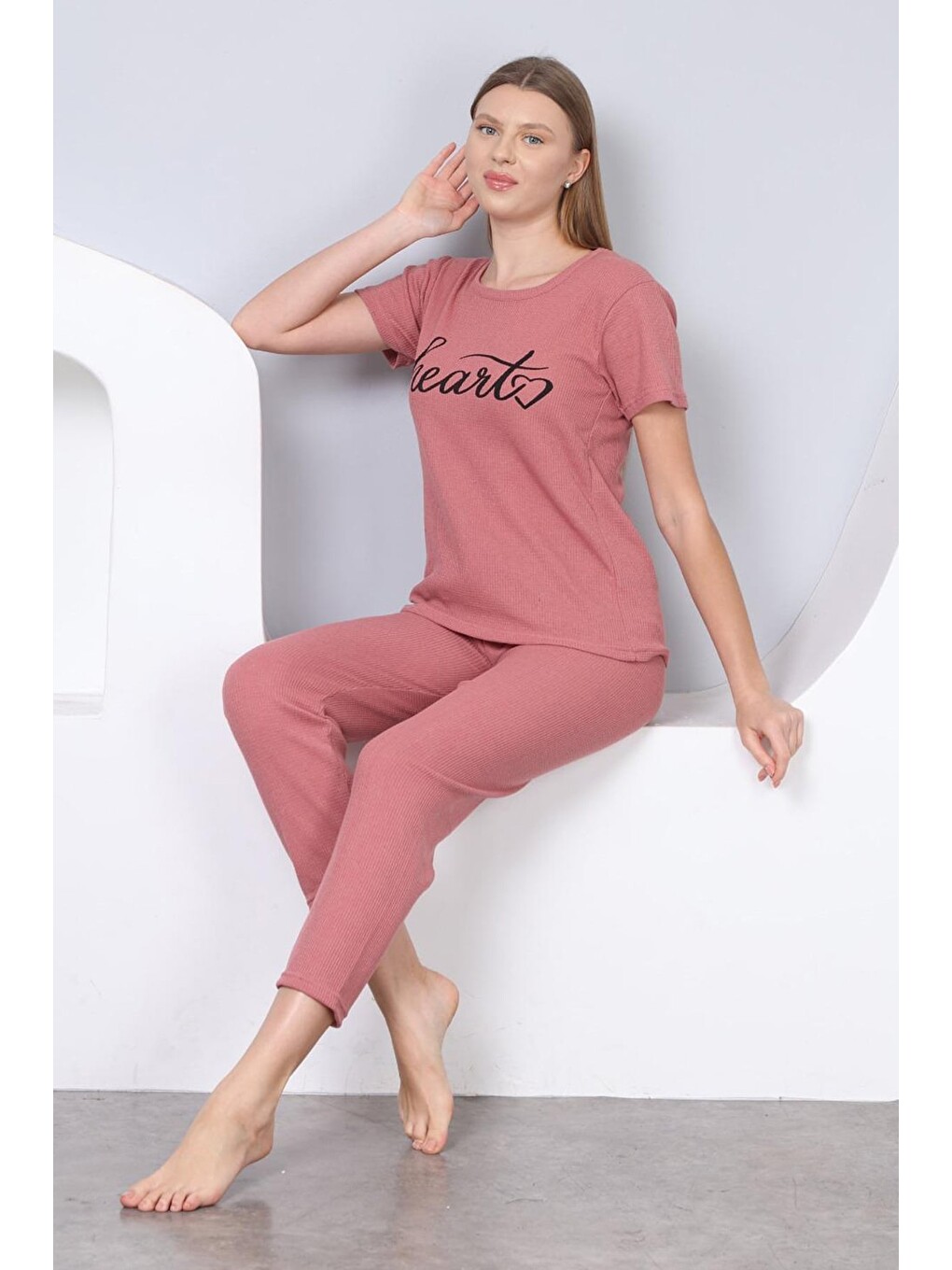 Pembe Heart Baskılı Kısa Kollu Pijama Takımı-1