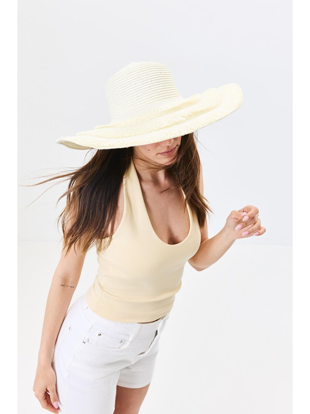 Ekru Geniş Kenar Hasır Plaj Şapkası Y25730-07 Krem-2