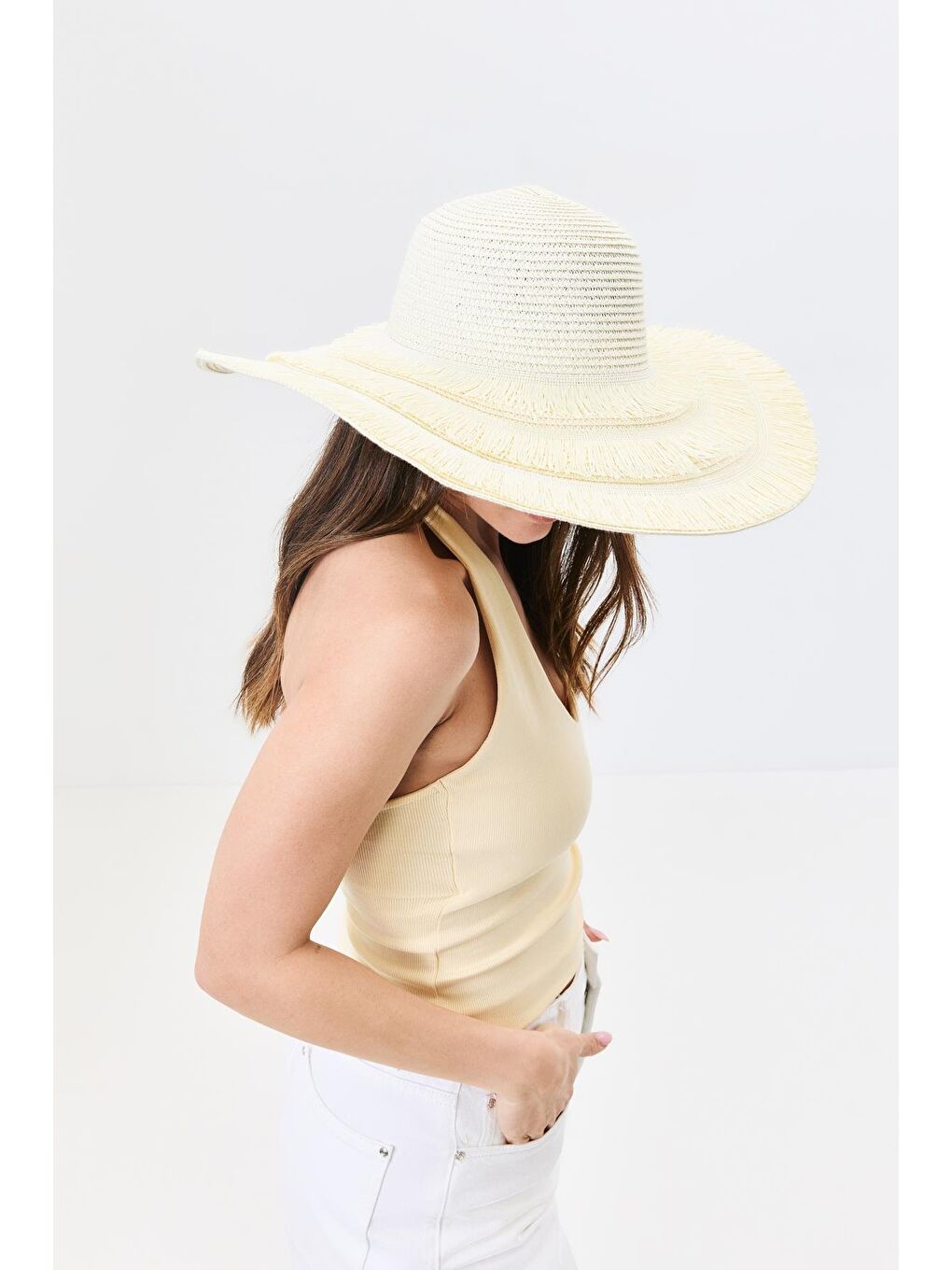 Ekru Geniş Kenar Hasır Plaj Şapkası Y25730-07 Krem-1