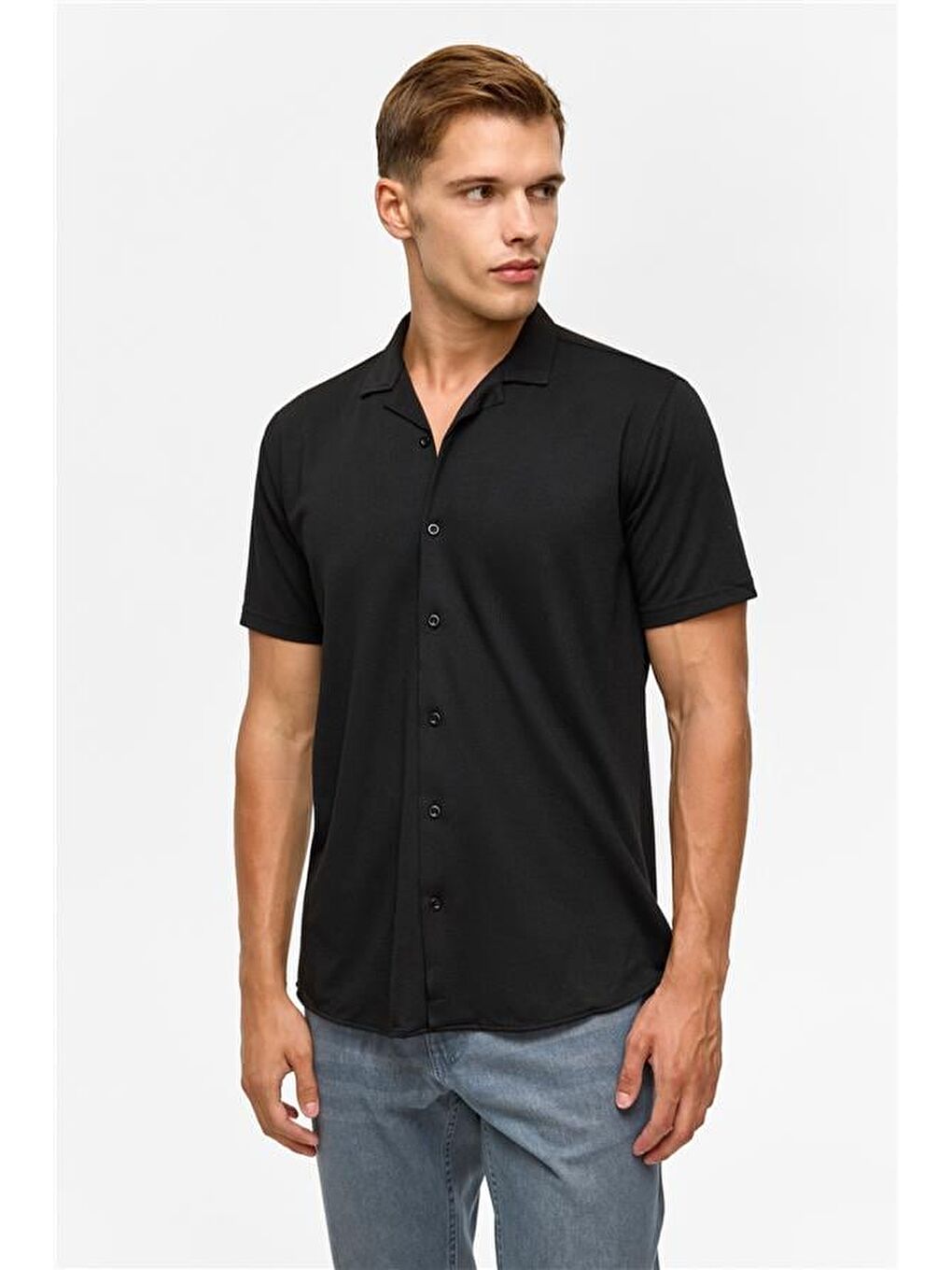 Siyah Slim Fitilli Apaş Yaka Gömlek-1