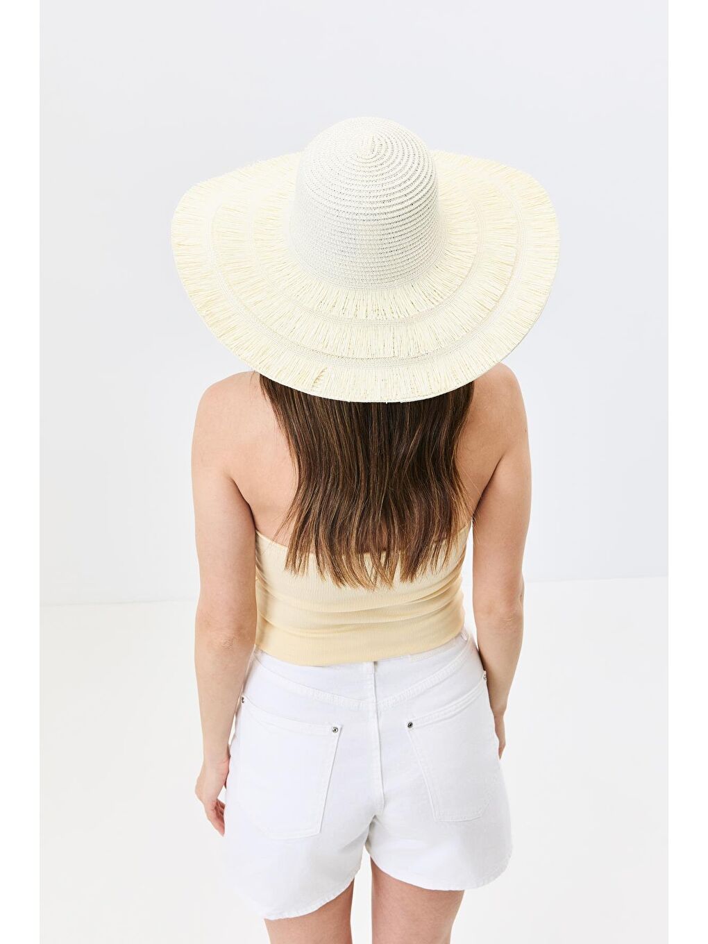 Ekru Geniş Kenar Hasır Plaj Şapkası Y25730-07 Krem-3