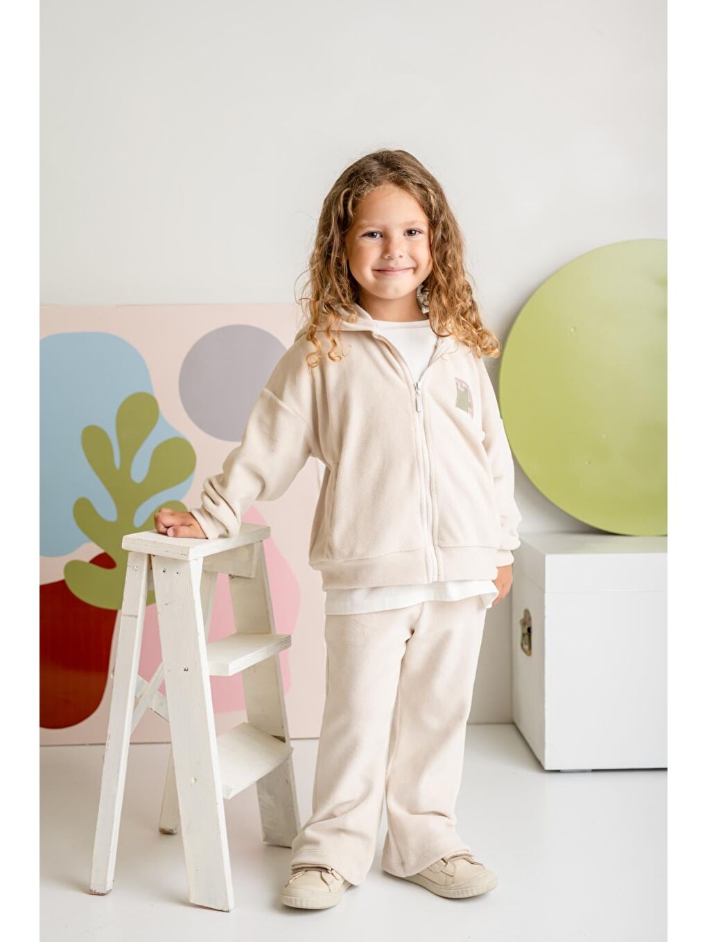 Ekru Kız Çocuk Kapüşonlu Fermuarlı Polar İkili Takım - Krem-1