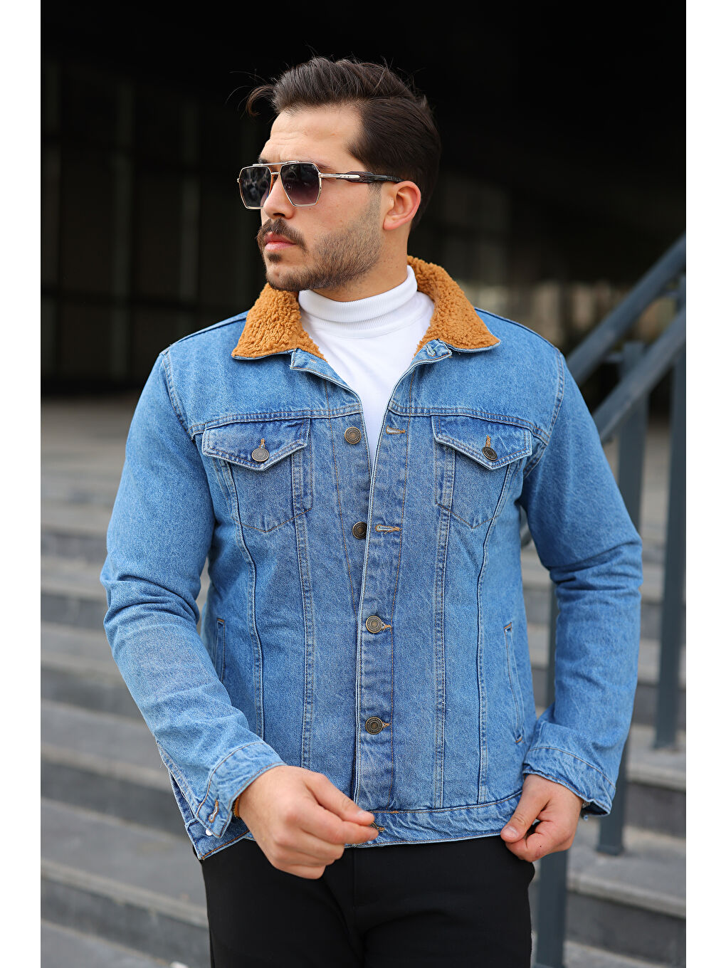 Sarı Erkek Trend Kışlık Içi Kürklü Jean Ceket-1