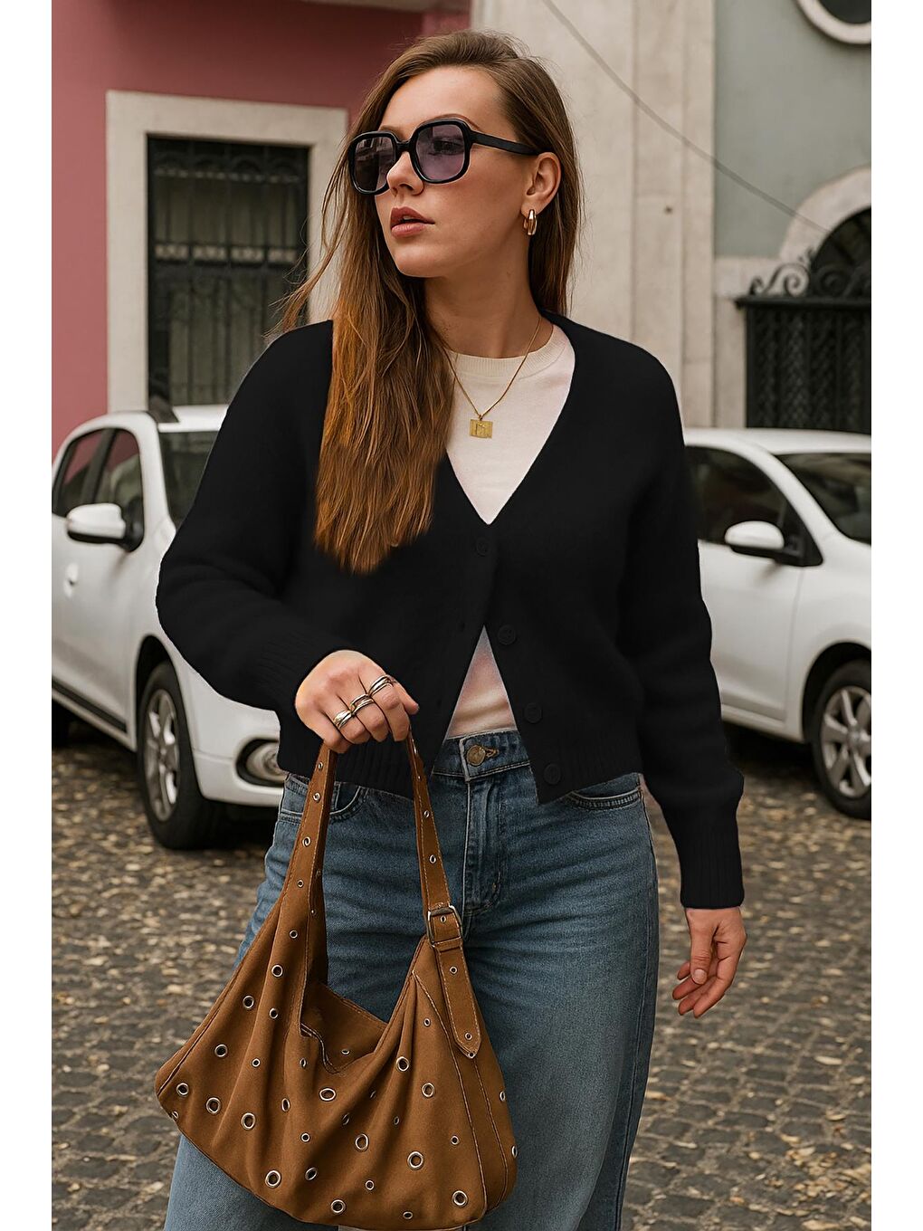 Siyah V Yaka Kadın Triko Hırka Mg2462-3