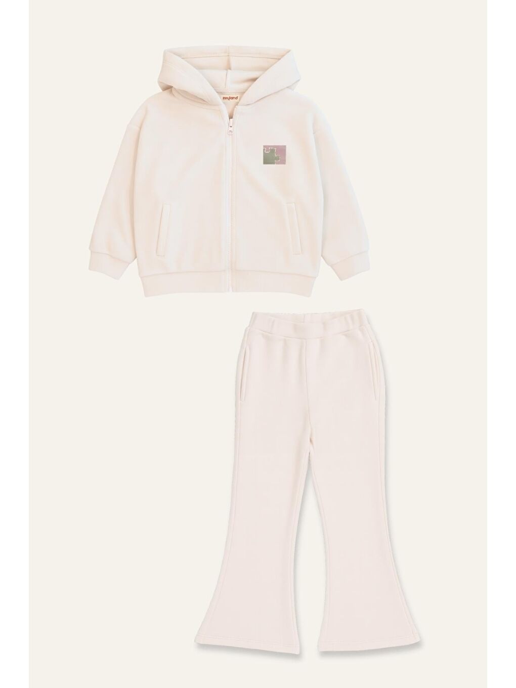 Ekru Kız Çocuk Kapüşonlu Fermuarlı Polar İkili Takım - Krem-2