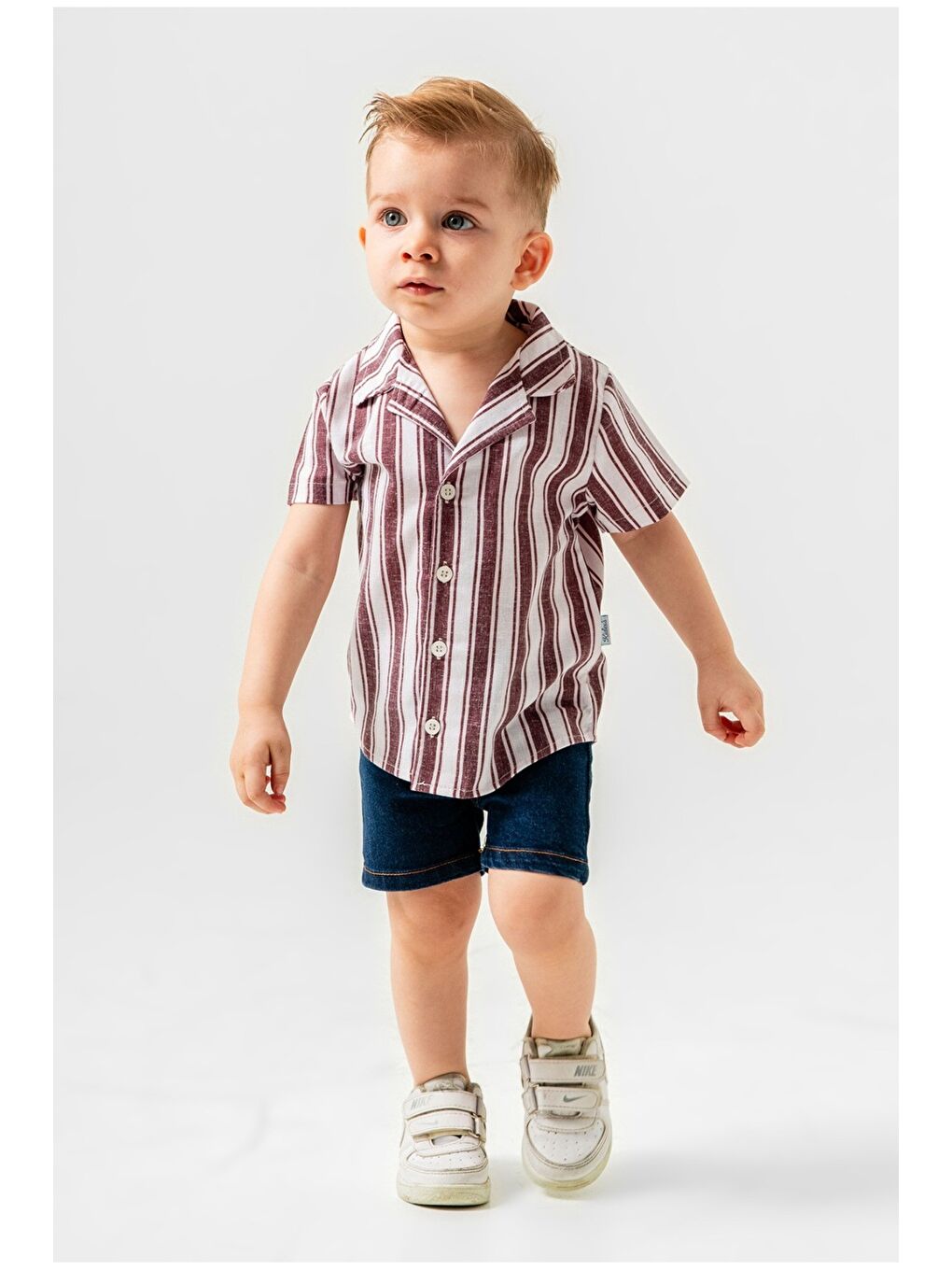 Bordo Erkek Bebek Çizgili Gömlek Jean Şort Takım